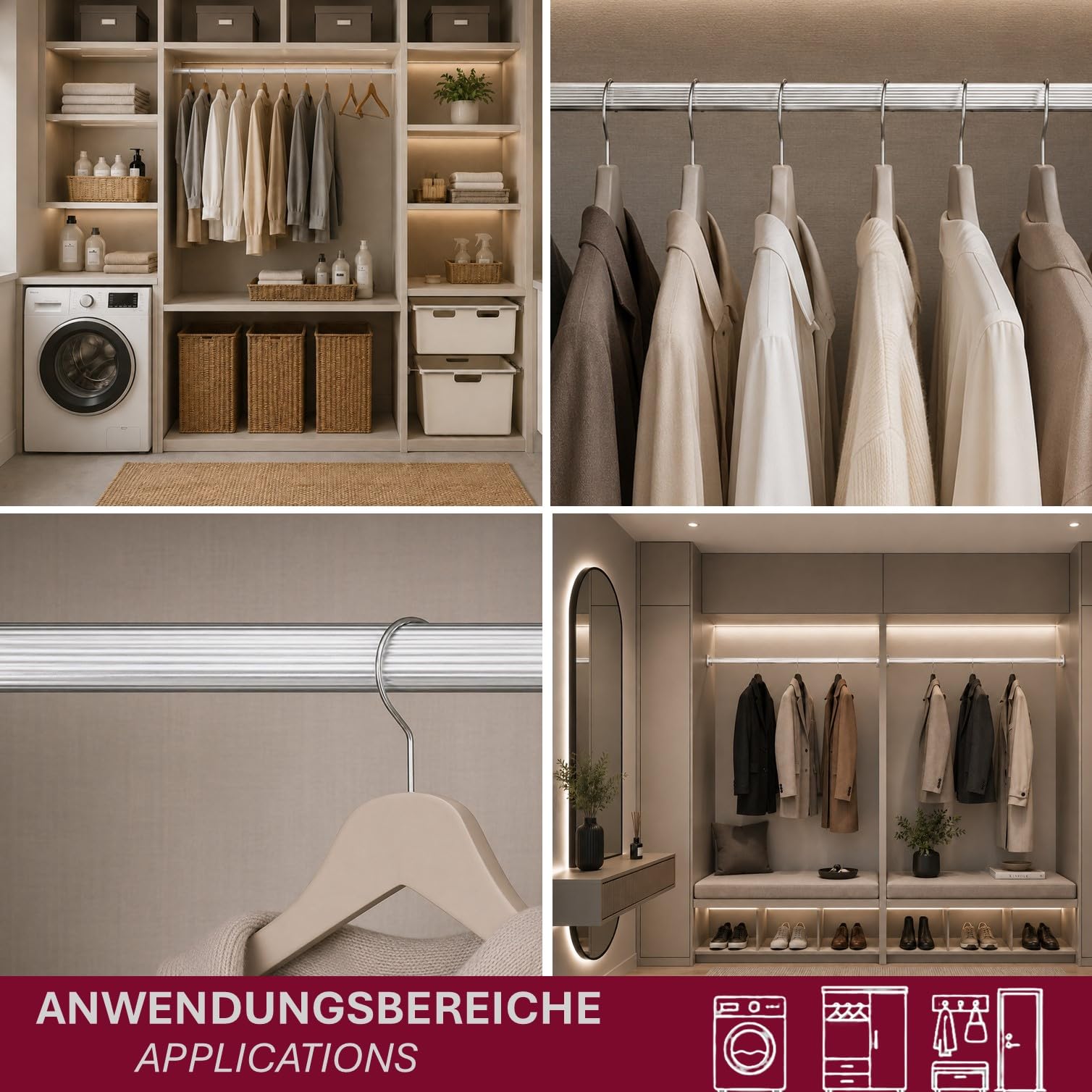 Kleiderstange für Schrank Oval 80 cm [SCHRANK- & WANDMONTAGE] Set inkl. Halter – Schrankrohr aus Aluminium als Schrankstange & Garderobenstange für Kleiderschränke – Silber