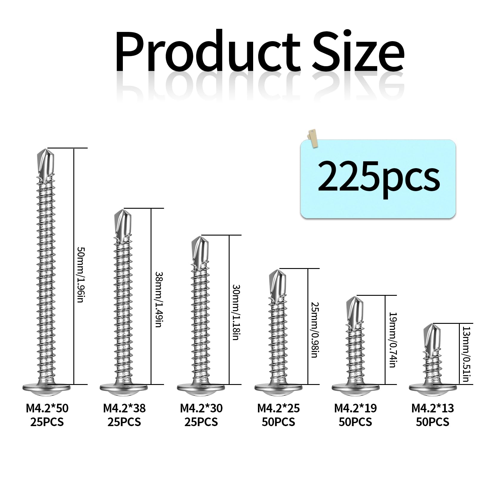 225 Piezas Tornillos Autoperforantes, M4,2 Tornillos Roscachapas Phillips, Tornillos Autotaladrantes, Tornillos Autorroscantes, Tornilleria Tornillos en Cabeza Cruz Plana para Acero Metálicos Madera