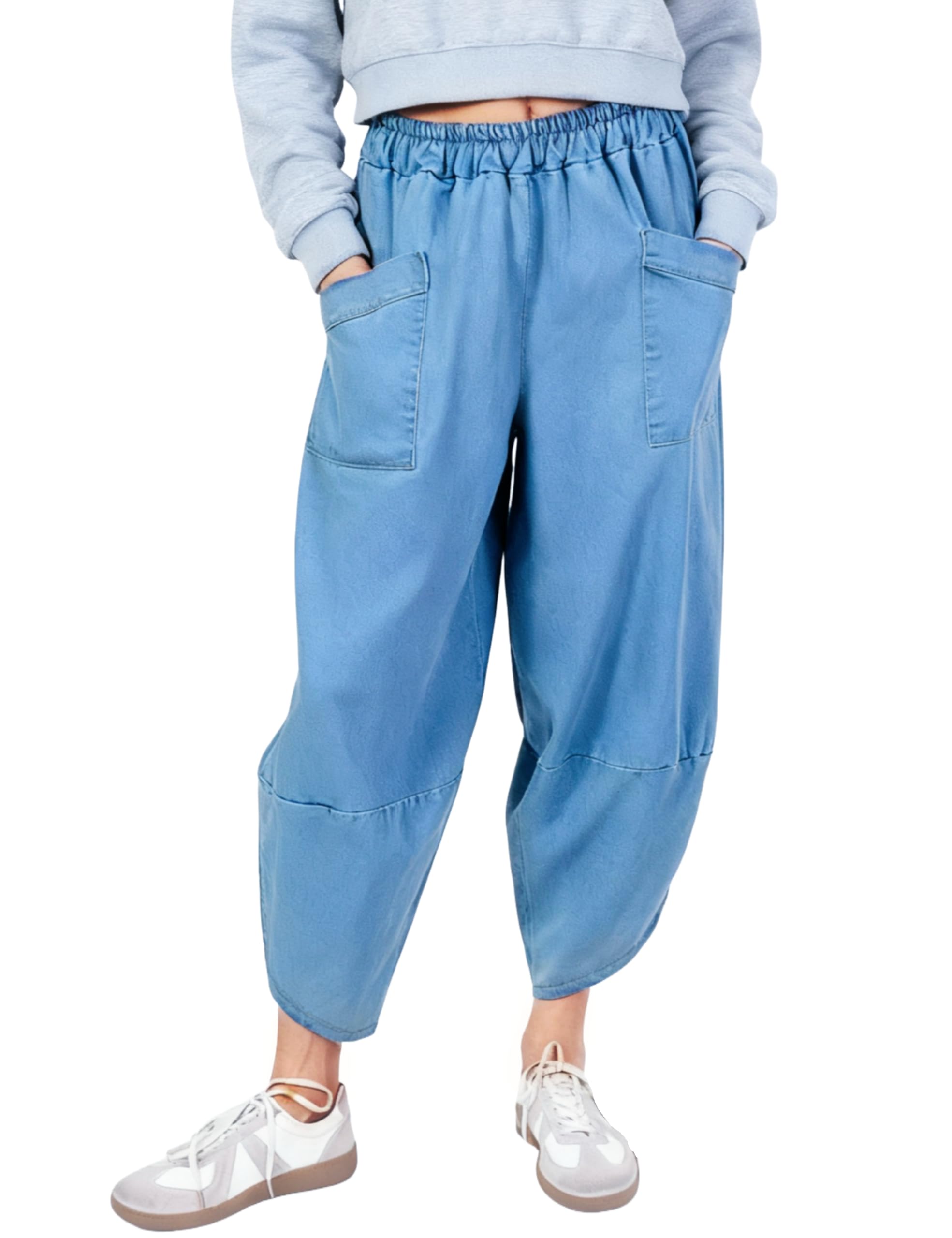 Womens Baggy Wide Leg Denim Pants Elastic Waisted Casual Loose Barrel Jeans with Pockets
