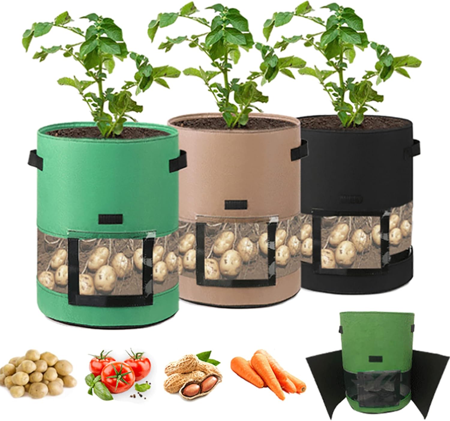 2 Size Plant Potato Grow Bags Home Garden Pot Vegetable Growing Bags Moisturizing Garden Bag Aeration Fabric Pots with Handles and Harvest Window (10 Gallon: 35x45cm/17.7 x 17.7inch, B-Brown)