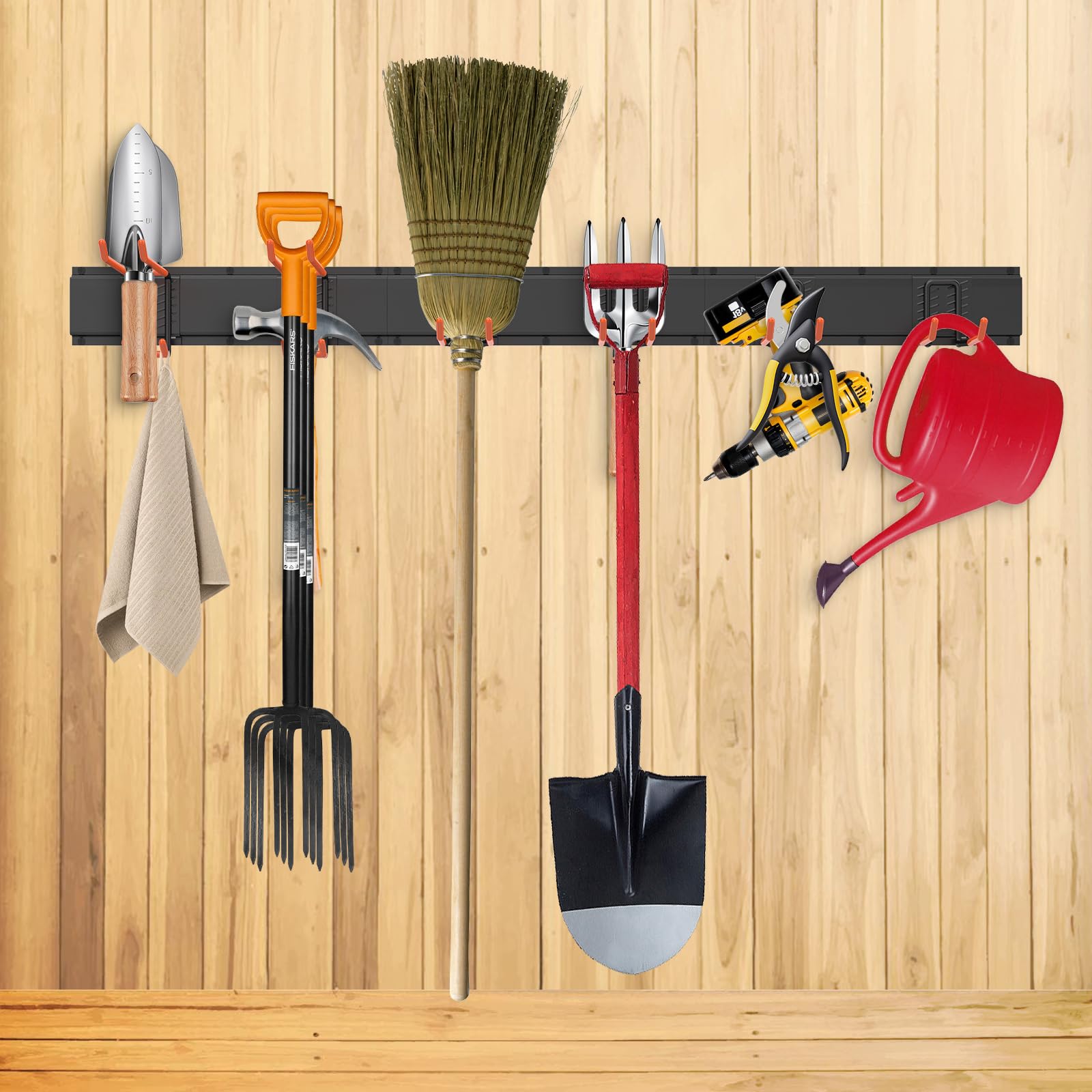 Support mural pour rangement de garage, organisateur d'outils de jardin, 122 cm, crochets métalliques robustes réglables, organisateur d'outils de cour pouvant supporter jusqu'à 204 kg, râteau