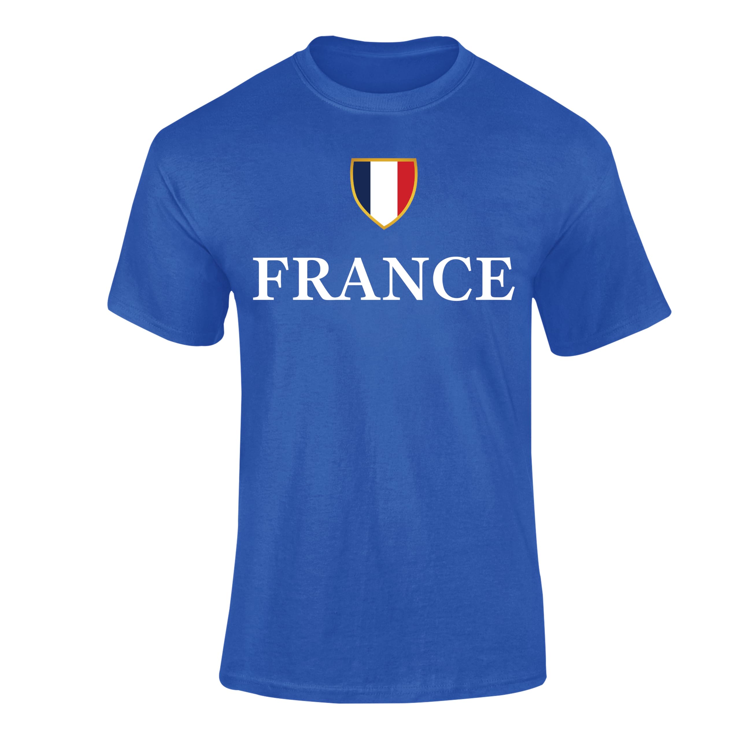 FULLY MERCHED France Flag and Name T Shirt Kids & Adult Football T-shirt - Unisex National Flag Shield Design Royal Blue L France
