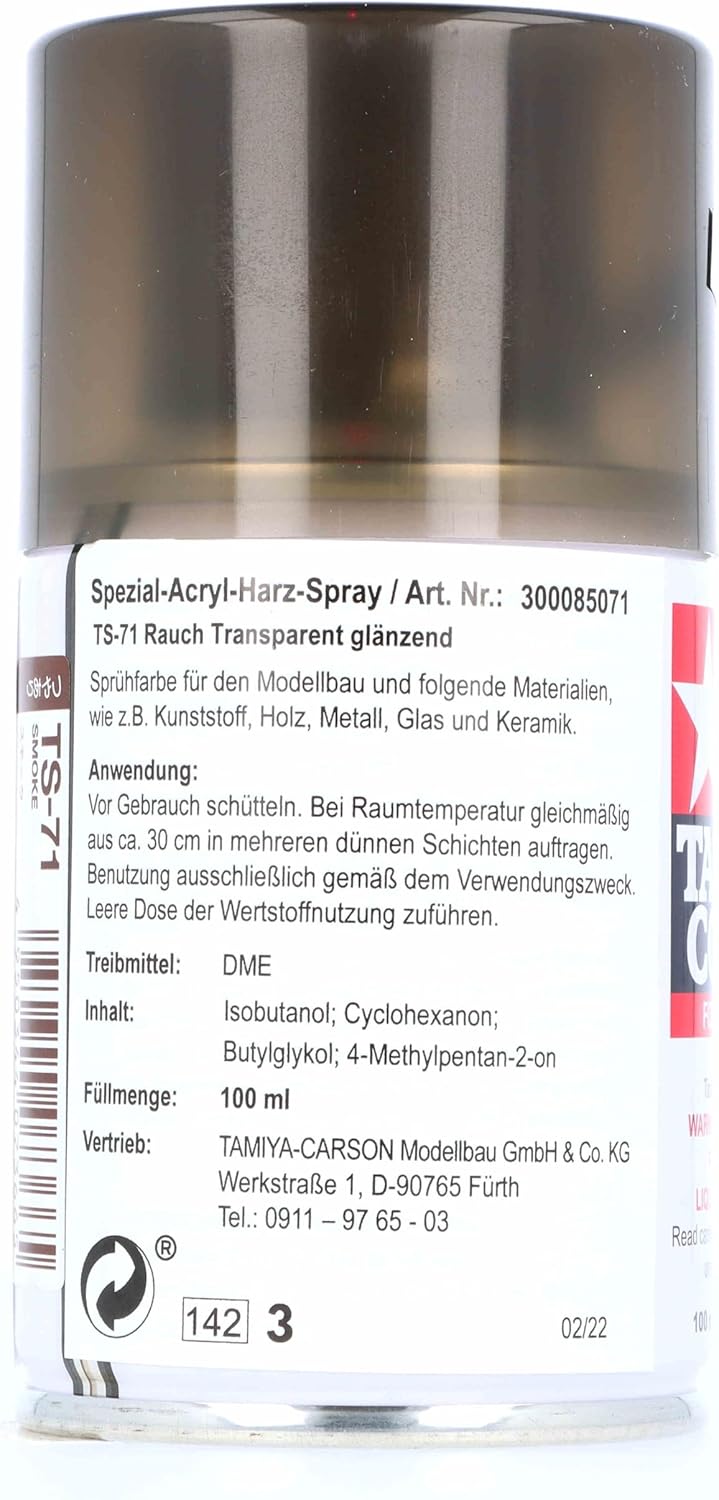TAMIYA TS-71 Smoke Lacquer Spray Can with detailed product information and barcode