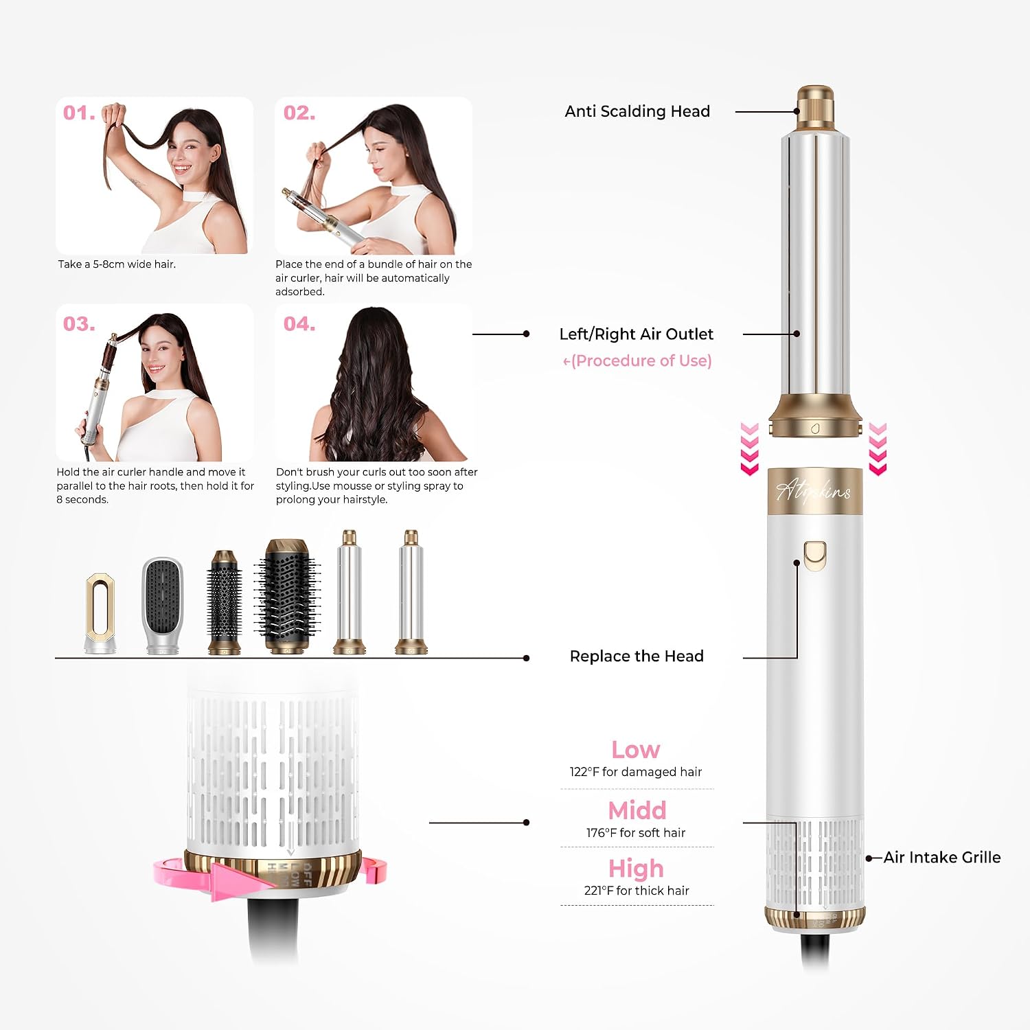 Atopskins 6-in-1 Blow Dryer Brush, Hot Air Styler with Auto-Wrap Curlers