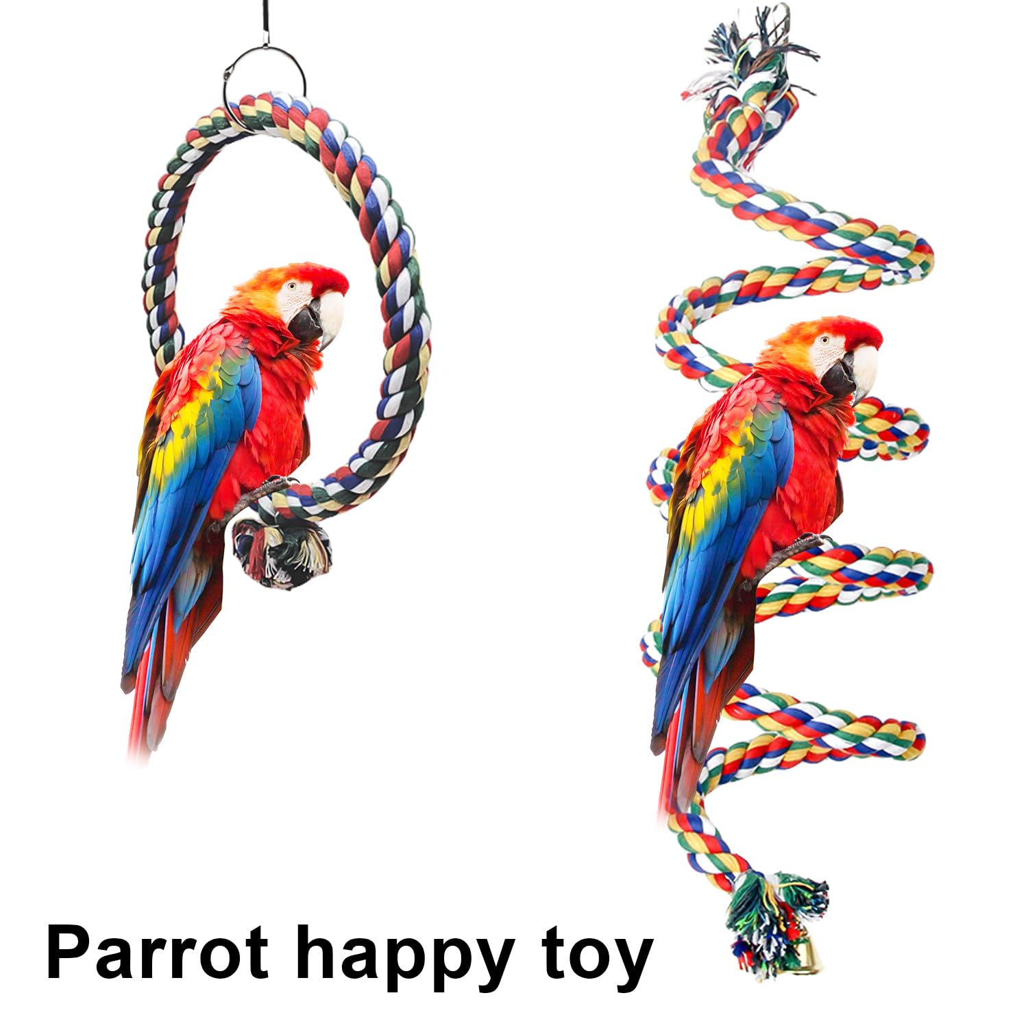 HOMURY 2 Paquetes Juguetes de Pájaro: 150cm Espiral Cuerda Columpio de algodón Cuerda para Escalar de PáJaros, 18 cm de diámetro Pájaro Colgante Perchas de Anillo para Loros, Juguetes para Loros