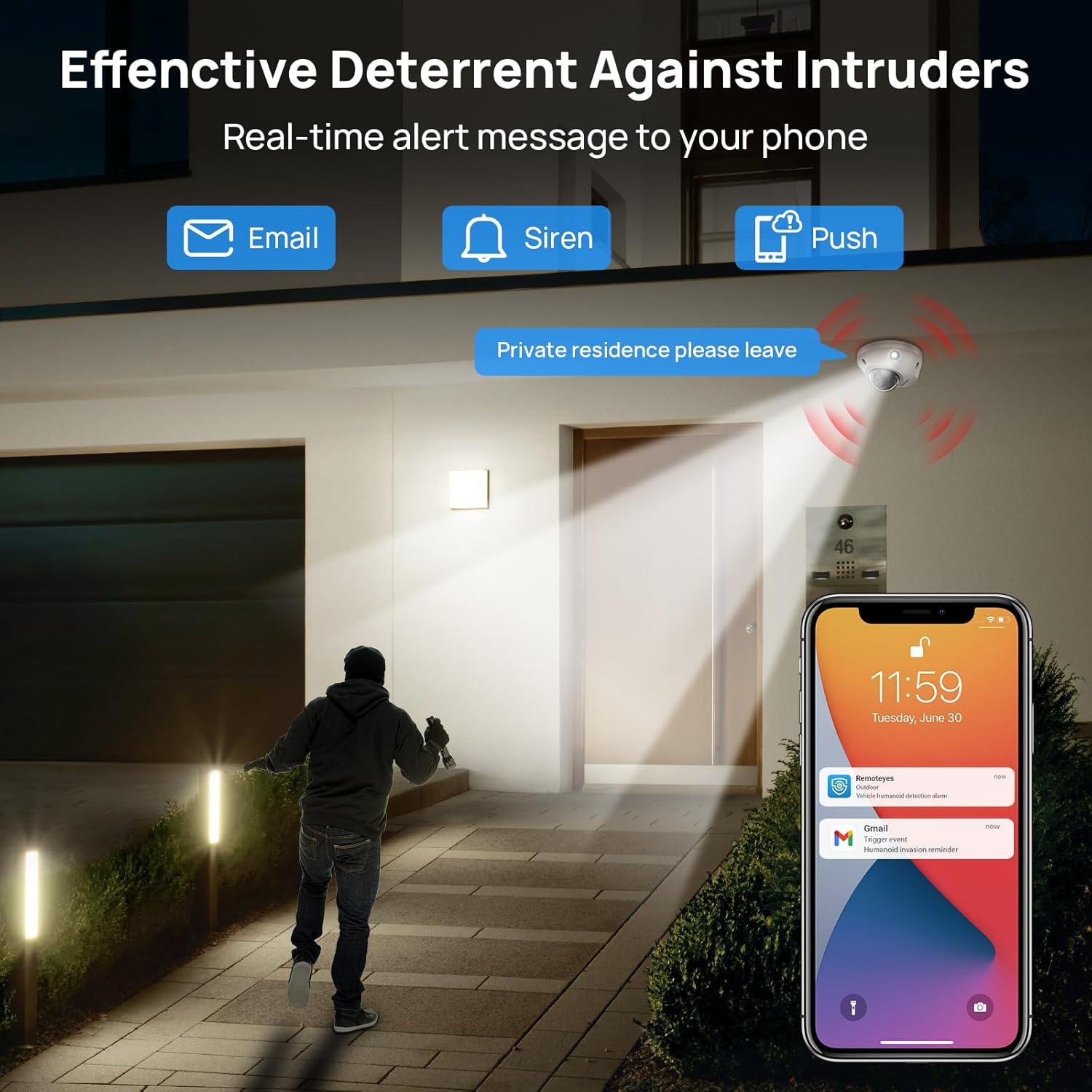 Image showing a person approaching a house, with the VIKYLIN camera detecting them and sending real-time alerts via email, siren, and push notification to a smartphone.