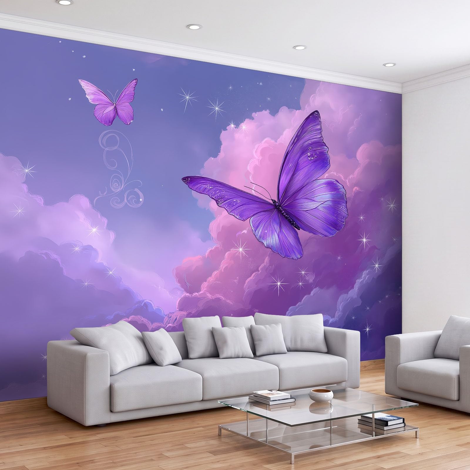Générique Fioletowa tapeta panoramiczna ptaki zwierzęta motyle świecące 400 x 280 cm tapeta do salonu sypialnia biuro korytarz dekoracja ścienna nowoczesna dekoracja ścienna