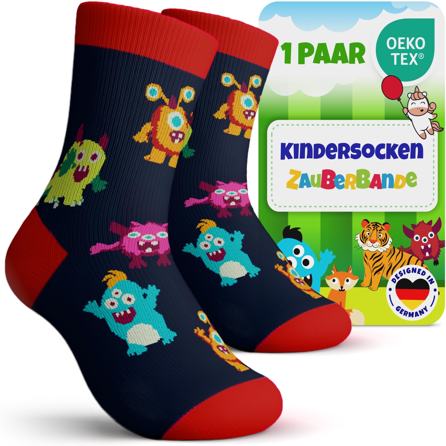 Zauberbande Kindersocken Jungen - 1 Paar / 31-34 - Socken Kinder Jungs, aus Baumwolle mit Monster Motiven, atmungsaktiv - Kinder Socken für Schule, Freizeit & Sport - OEKO-TEX Standard 100