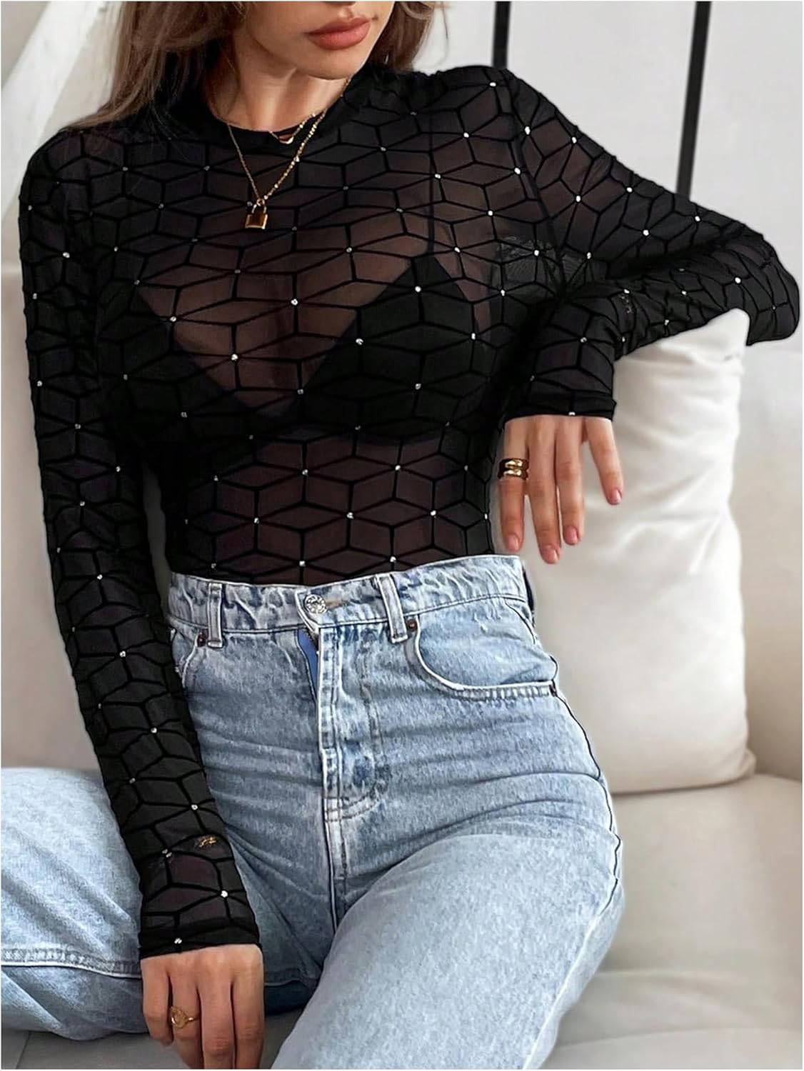 SHENHE Women's Mesh Long Sleeve Bodysuit See Through Rhinestone Geo Print Sexy Bodysuit - Image 5