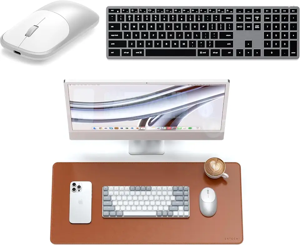 Satechi Bundle Slim X3 Bluetooth Backlit Keyboard Space Grey and Slim EX Wireless Mouse Silver with Vegan Leather Desk Mat Brown