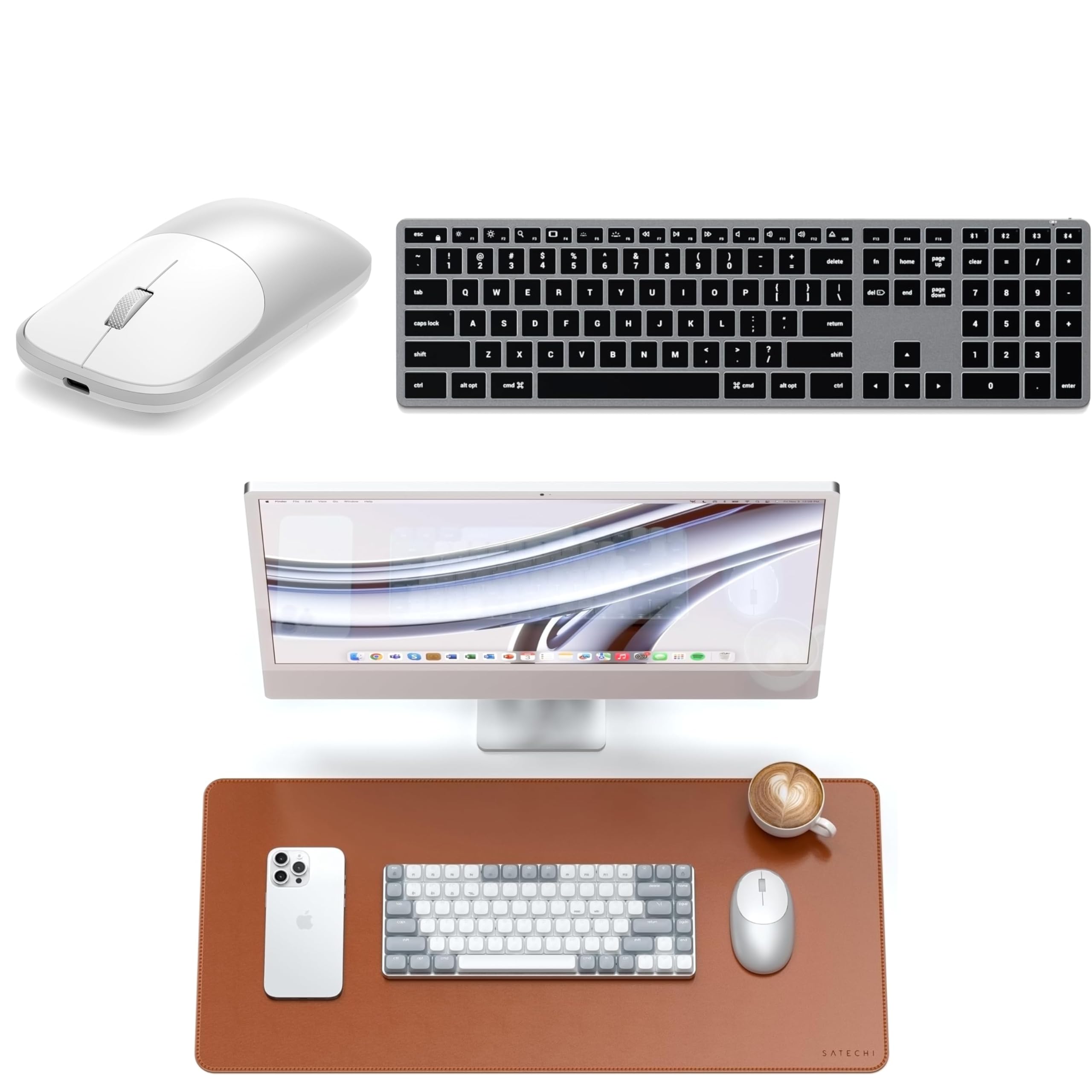 SATECHI Bundle Teclado Inalambrico Slim X3 Bluetooth Retroiluminado con Teclado Numerico QWERTY US (Gris Espacial) Alfombrilla de Escritorio PU 68 x 31.5 cm y Raton Inalambrico Slim EX (Plata)