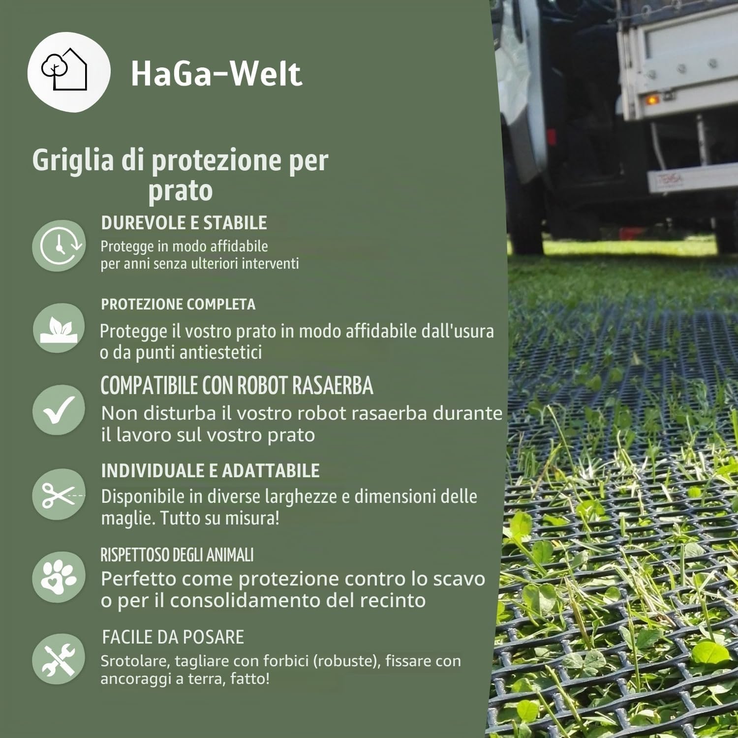 HaGa Griglia di protezione per prato, 1,3 m x 5 m, in plastica, robusta griglia per prati e giardini e prati | vialetti, beccuccio per pollo & sul pendio, compatibile con robot tosaerba