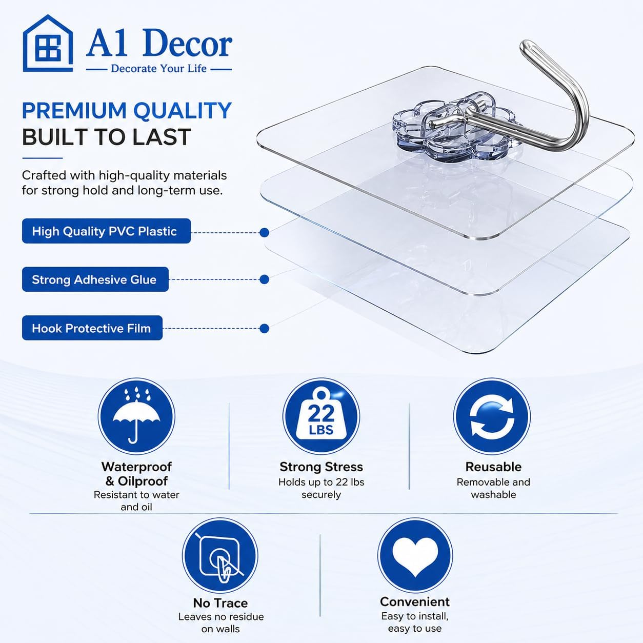 Self Adhesive Wall Hooks (20 Pack) | Heavy Duty Transparent Sticky Hooks | Waterproof No-Drill Adhesive Hooks for Bathroom, Kitchen, Door, Towels & Keys