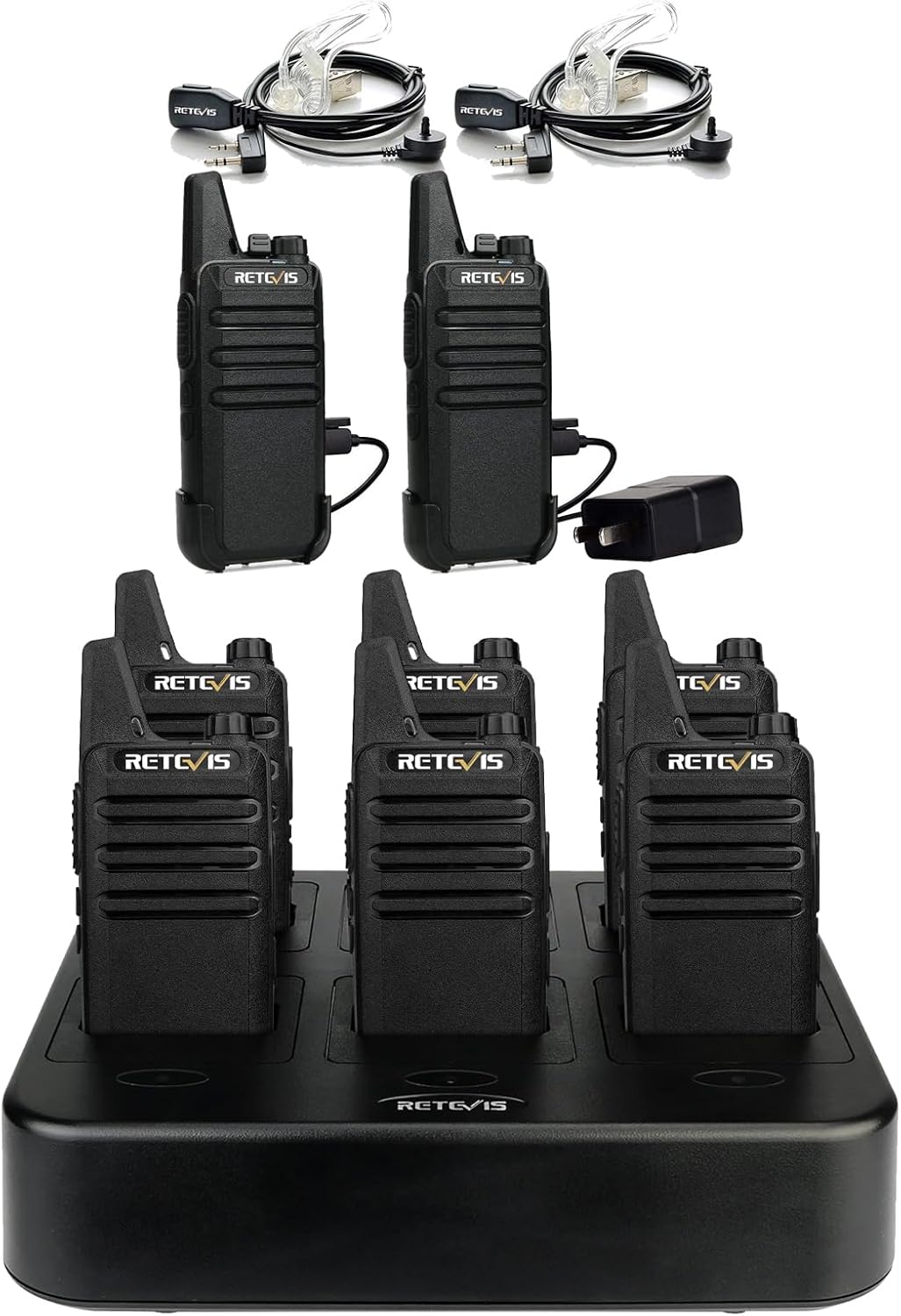 Retevis RT22 Walkie Talkies Rechargeable 8 Pack Bundle with 6 Way Multi Gang Charger and Earpiece (2 Pack), Keypad Lock, VOX Handsfree, Portable FRS Two-Way Radios Long Range