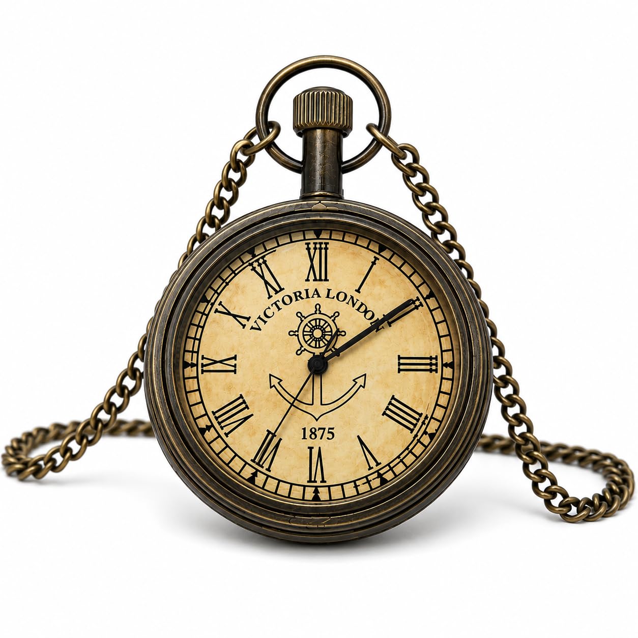 Victoria London Pocket Watch Chain Pendant, Antique Brass Timepiece Replica, Roman Numeral Dial, Nautical Collectible, Vintage Display Accent, Heritage Inspired Gift-picture-34
