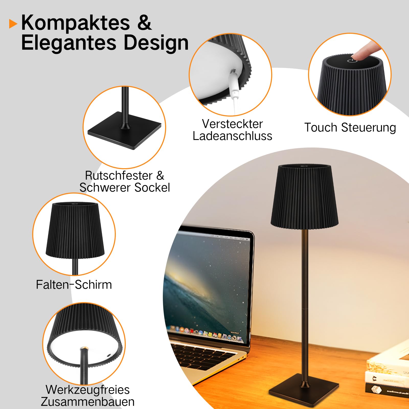 OUTON Draadloze tafellamp met 3 kleurmodi & RGB-licht, LED