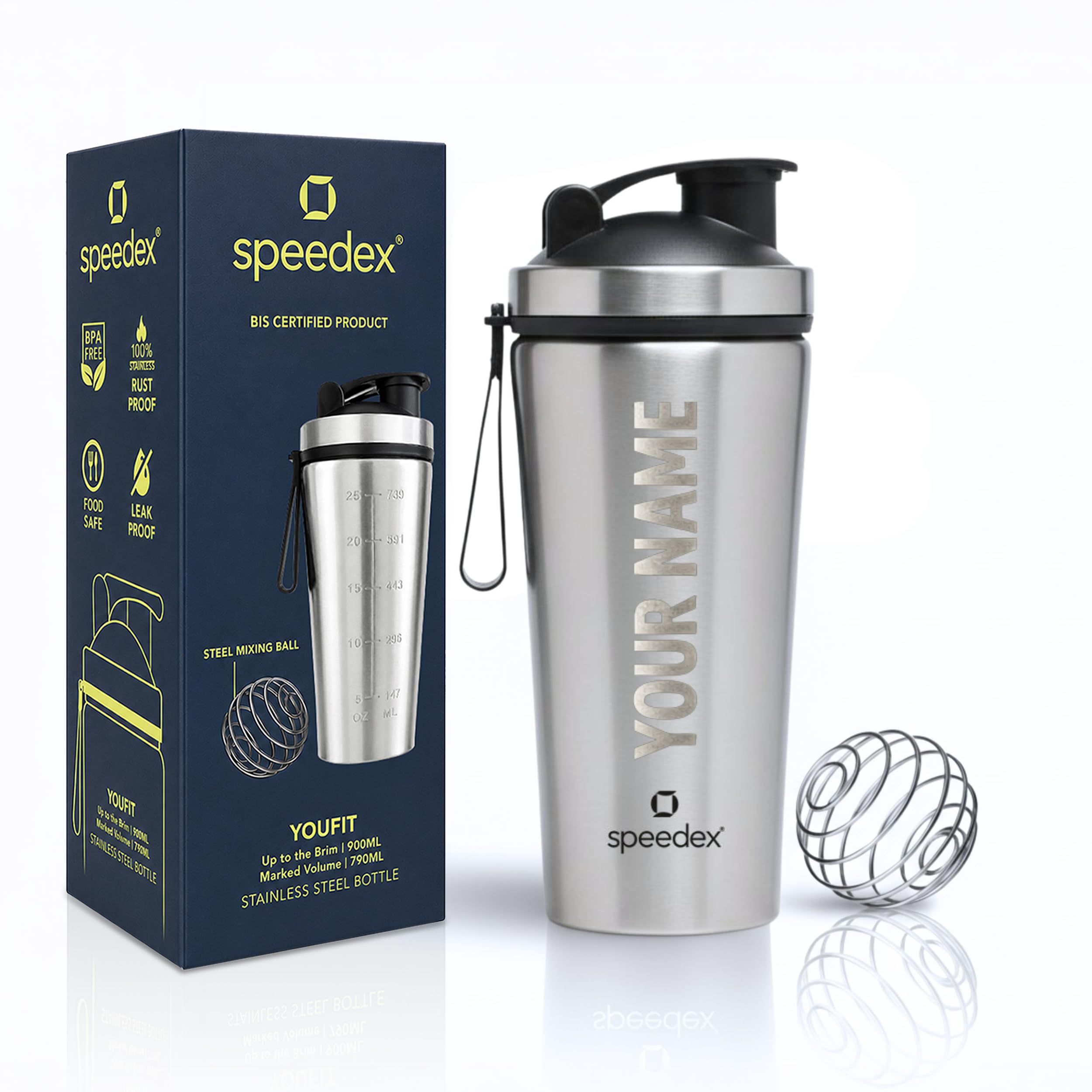 speedex youfit customized stainless steel gym shaker bottle 750ml with mixing ball, leakproof flip cap, wide mouth, measurement markings, personalized name/logo metal protein shaker – silver