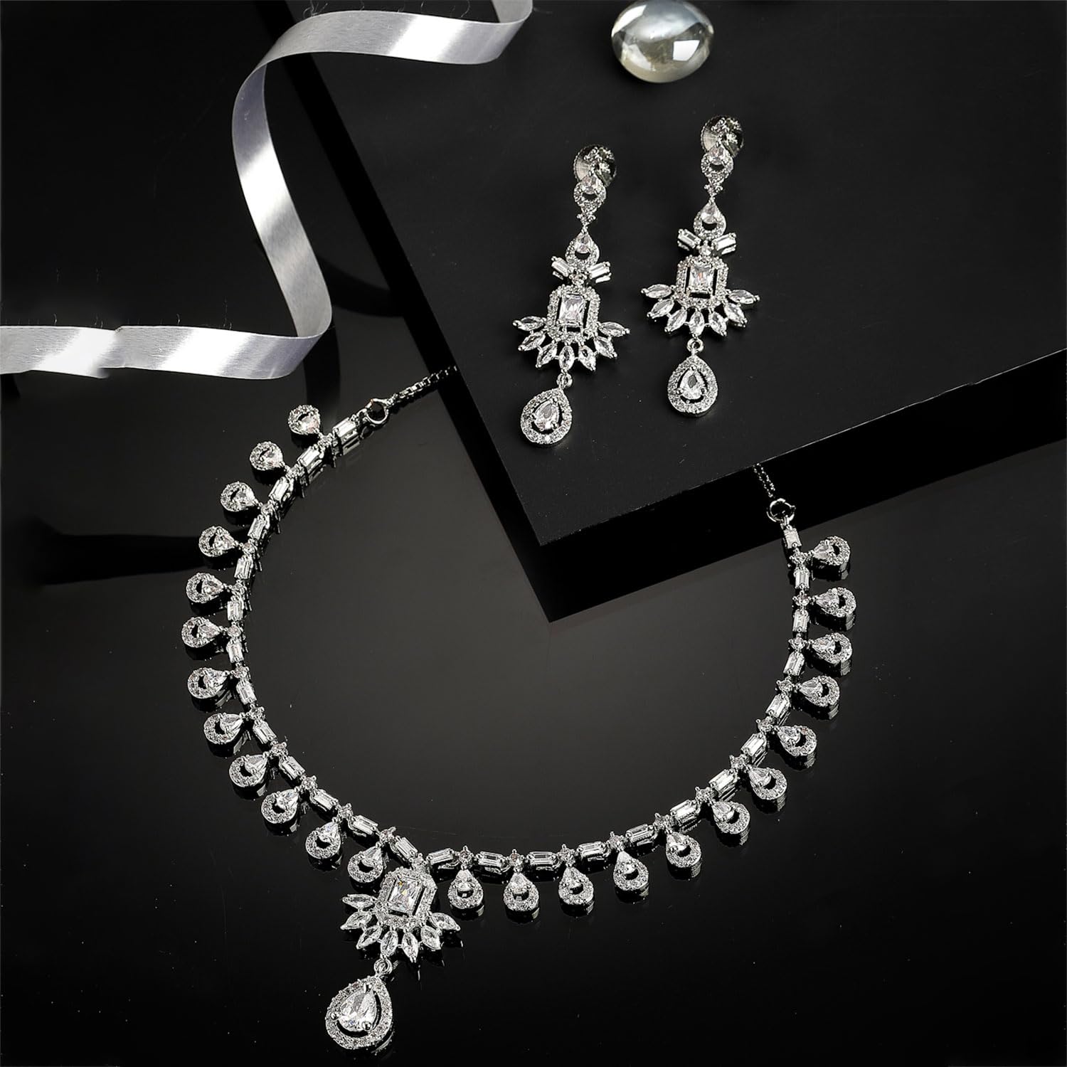 Elegant Rhodium Plated Necklace Set with American Diamond Studs
