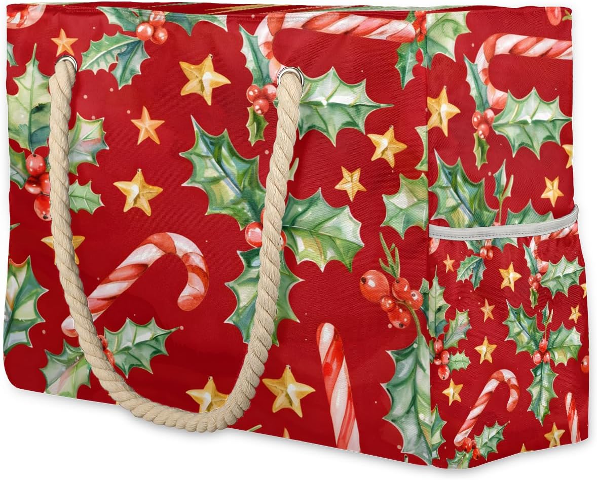 Christmas Ruffle Star Candy Beach Bags Waterproof Sandproof for Women, Large with Zipper Pool Beach Tote Reusable Grocery Shoulder Bag for Swim Travel Shopping Vacation Picnic