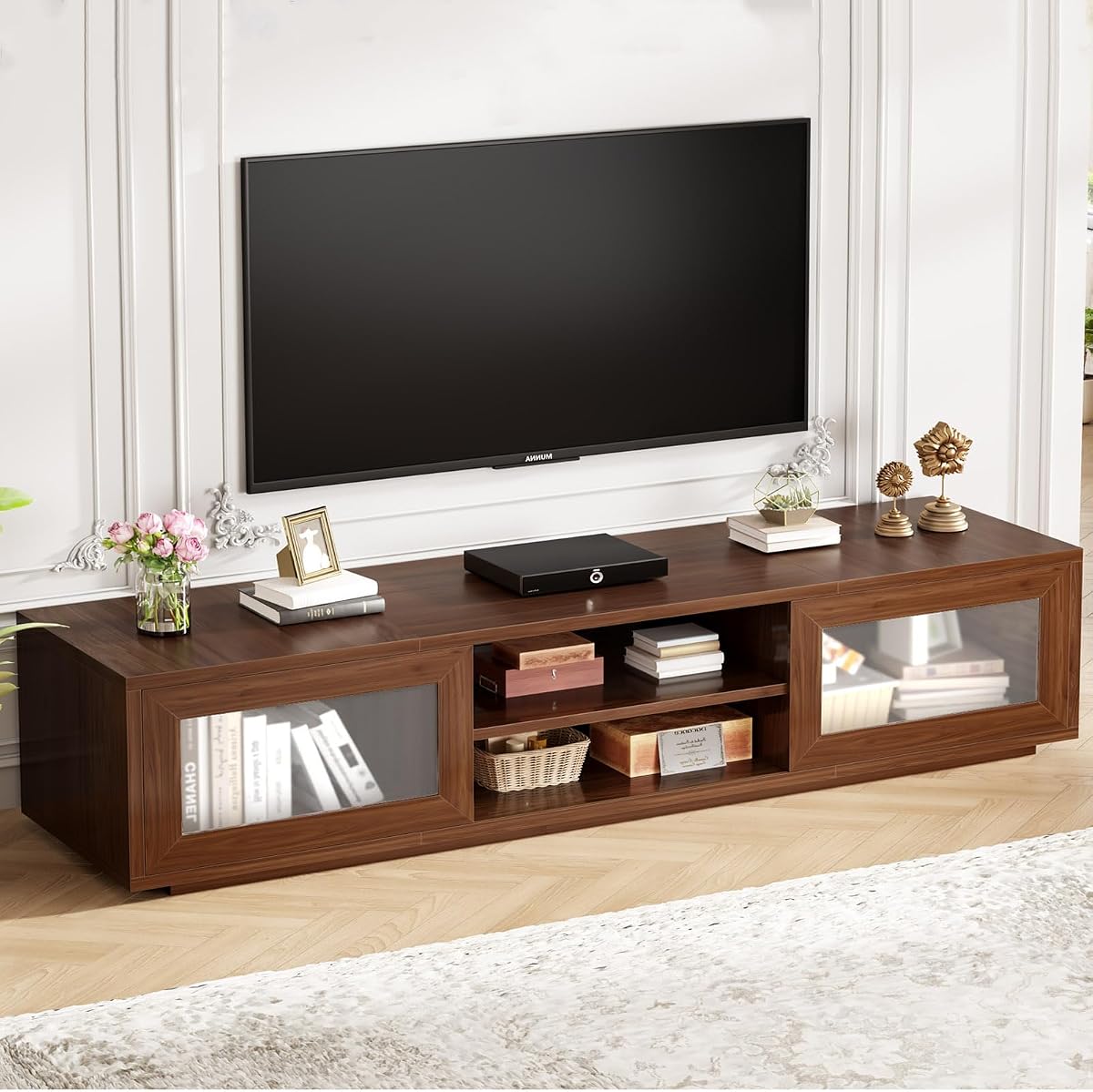HSH TV Stand for TVs up to 75", TV Cabinet with Storage, Walnut, 70 Inch | Entertainment Center with Storage and Sliding Doors,Farmhouse Tv Stand for Living Room,Low Media Console Cabinet for Bedroom