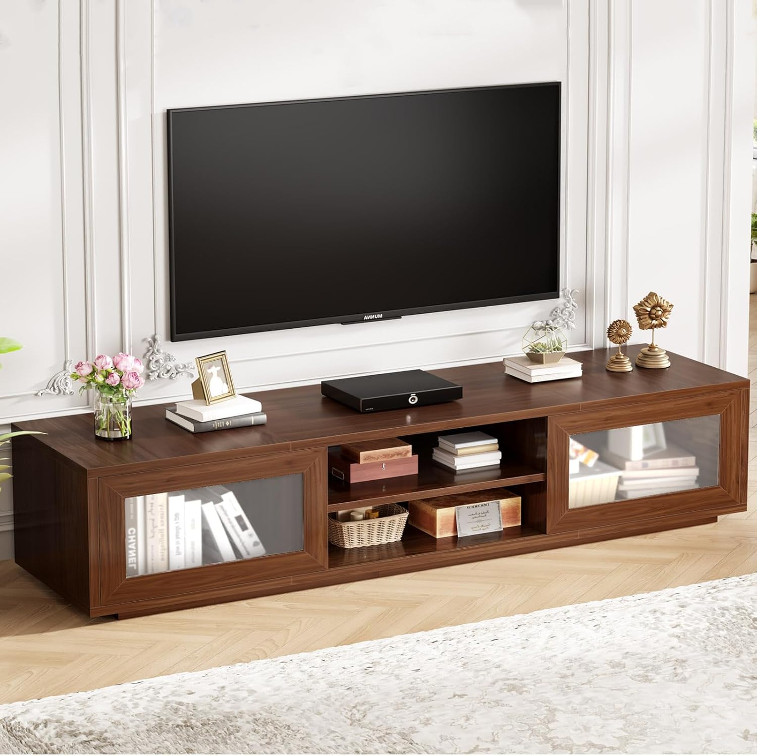 HSH 70" TV Stand for 75 inch TVs,Entertainment Center for Living Room with Storage,Farmhouse Walnut TV Stand Wood with Sliding Doors,Low Media Console Cabinet for Bedroom
