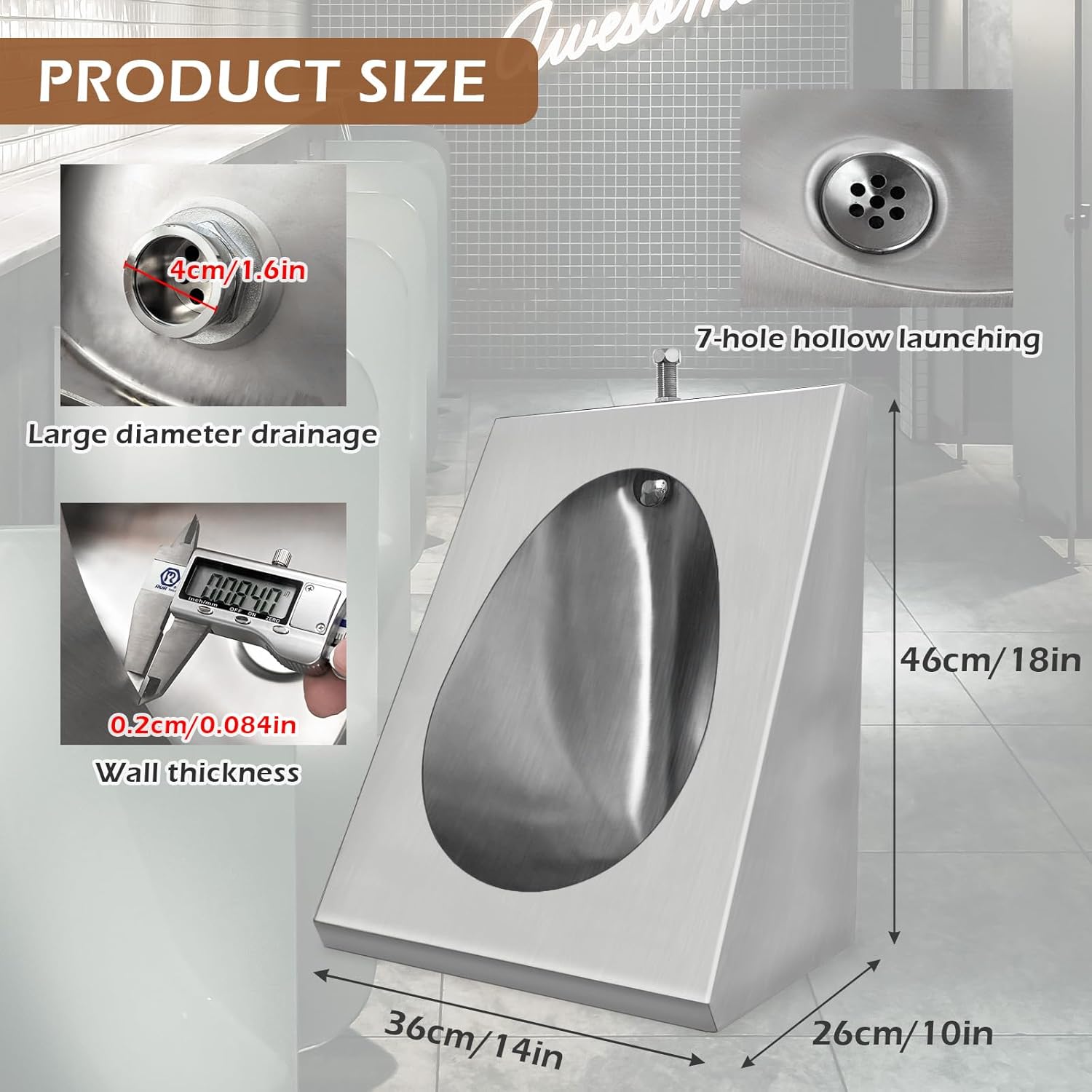 Stainless Steel Urinal, Stainless Urinals with Anti-Splash Design, Men's Stainless Steel Urinal is Easy to Install and Commonly Used in Shopping Malls, Schools, Construction Sites, Public Toilets