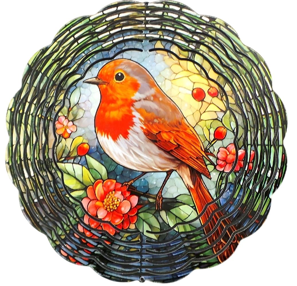 Robin Metal Wind Spinner Ornament. Double sided metal garden or home decor. Made by Buttons and Bows Kettering
