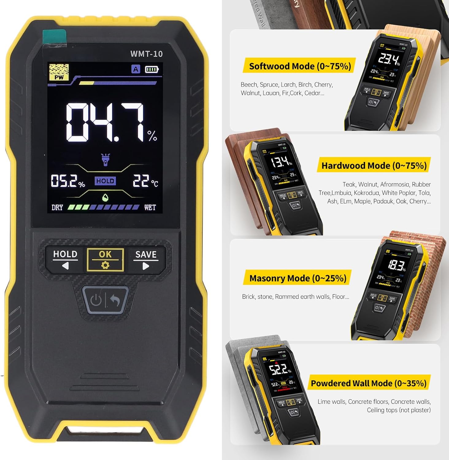 Wood Humidity Meter, Pinless Non Destructive 2.4 Inch Color Screen Water Content Tester with Reminder System, Data Storage, with Flashlight, for Gypsum Wall, Softwood, Hardwood