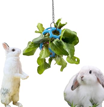 Rabbit Treat Ball Bunny Enrichment Toys with Stainless Steel Hanger Set, Veggie Feeding Rabbit Ball Toy for Bunny Squirrel Hedgehog Tortoise Guinea Pig Rabbits, Pets Treat Balls Accessories Blue