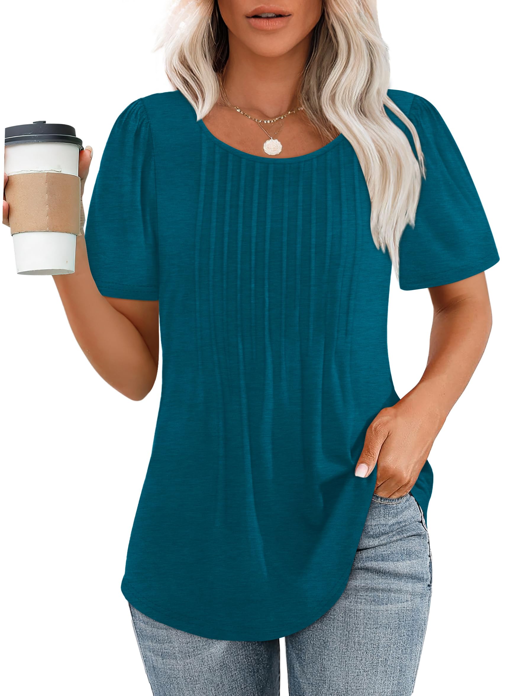 OFEEFAN Womens T Shirts Short Sleeve Pleated Dressy Casual Scooped Neck Summer Tops Blouses