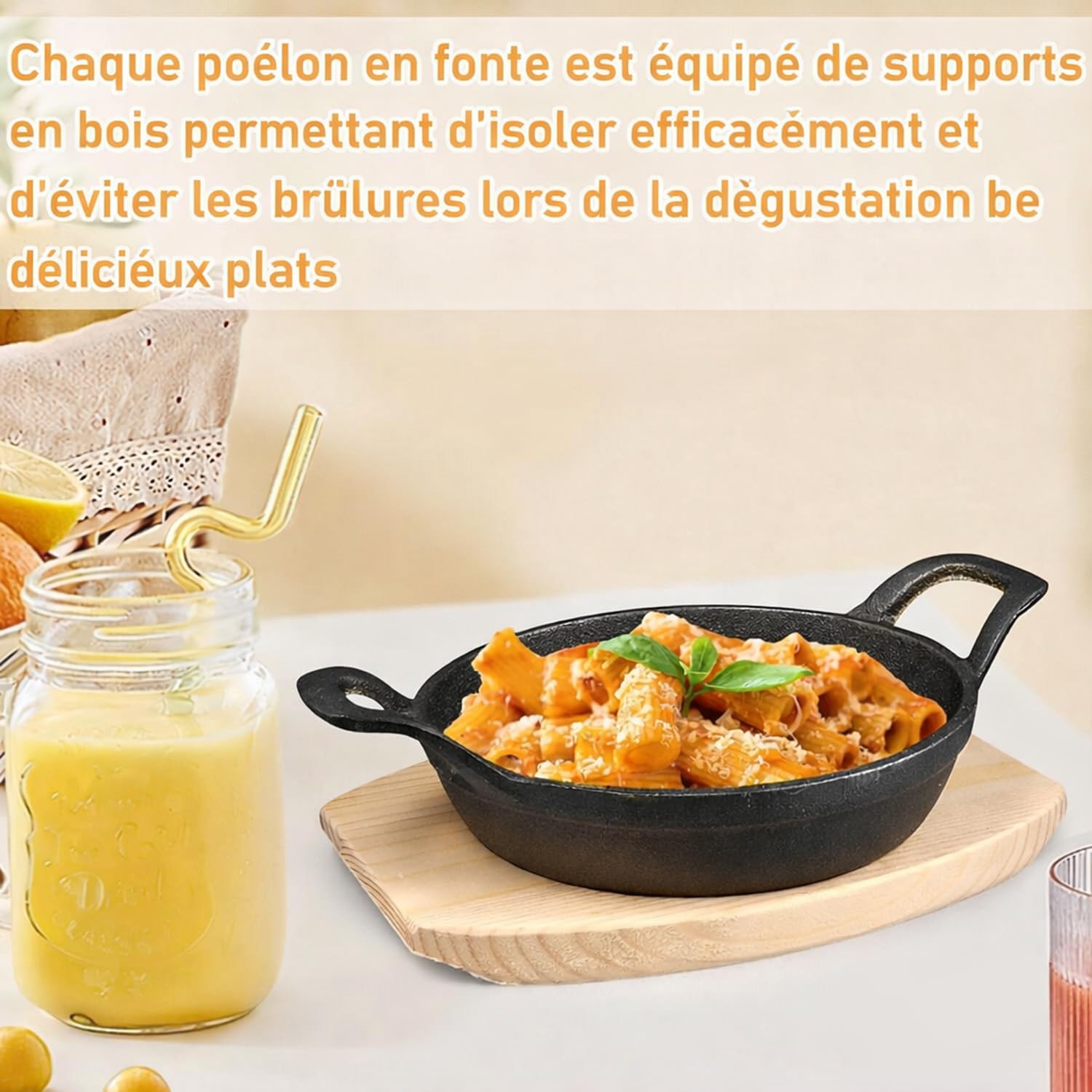 Lot de 4 Mini Poêles en Fonte 16 cm avec Plateaux en Bois et Poignées | Poêlons à Servir 450 ml pour Tapas, Œufs, Gratins, Desserts, Four, Induction, Gaz, Grill et Service à Table