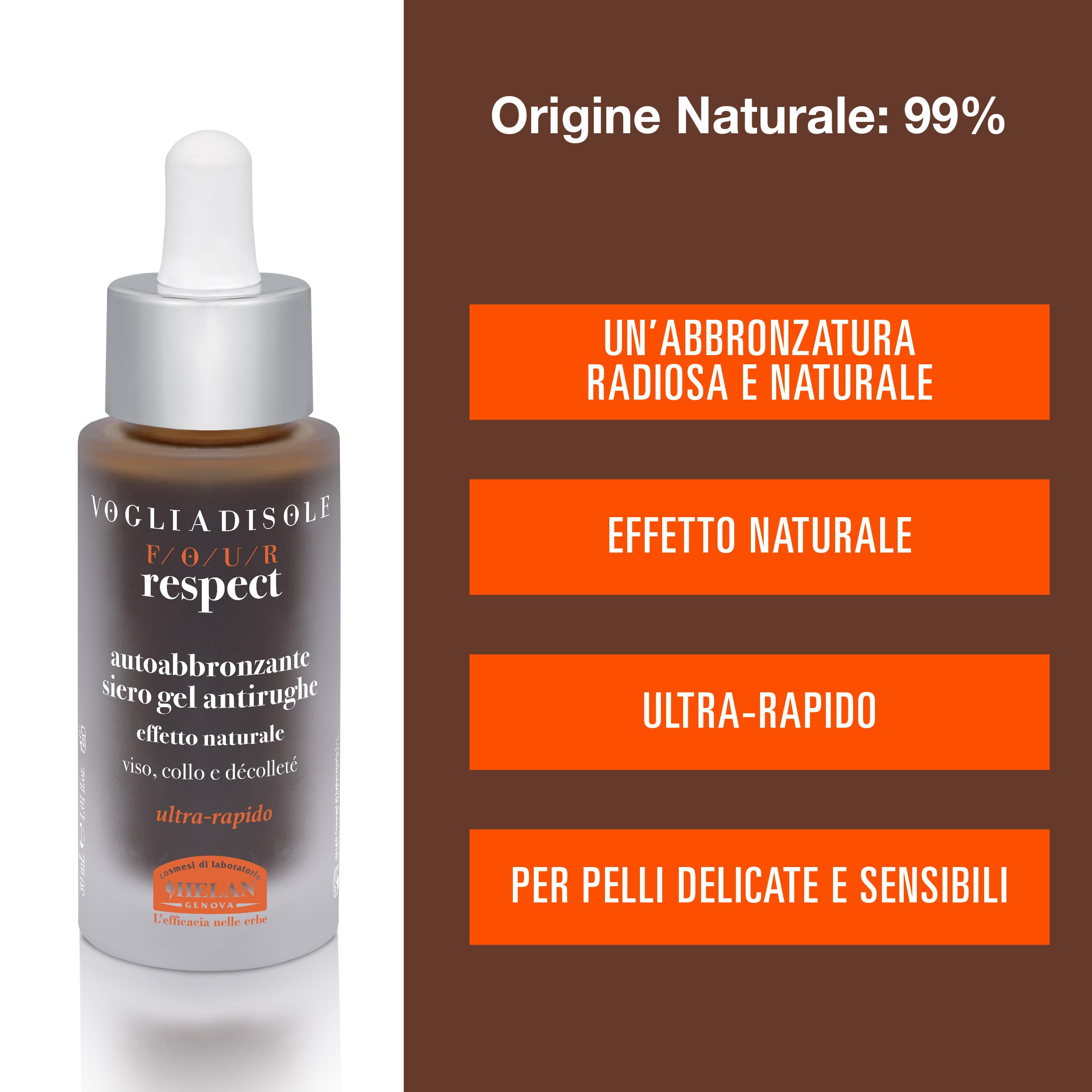 Helan, Vogliadisole Respect - Siero Viso Acido Ialuronico Autoabbronzante Antirughe Gel con Vitamina E, Inositolo e Agnocasto, Abbronzante per Abbronzatura Naturale e Luminosa per Pelli Delicate, 30ml