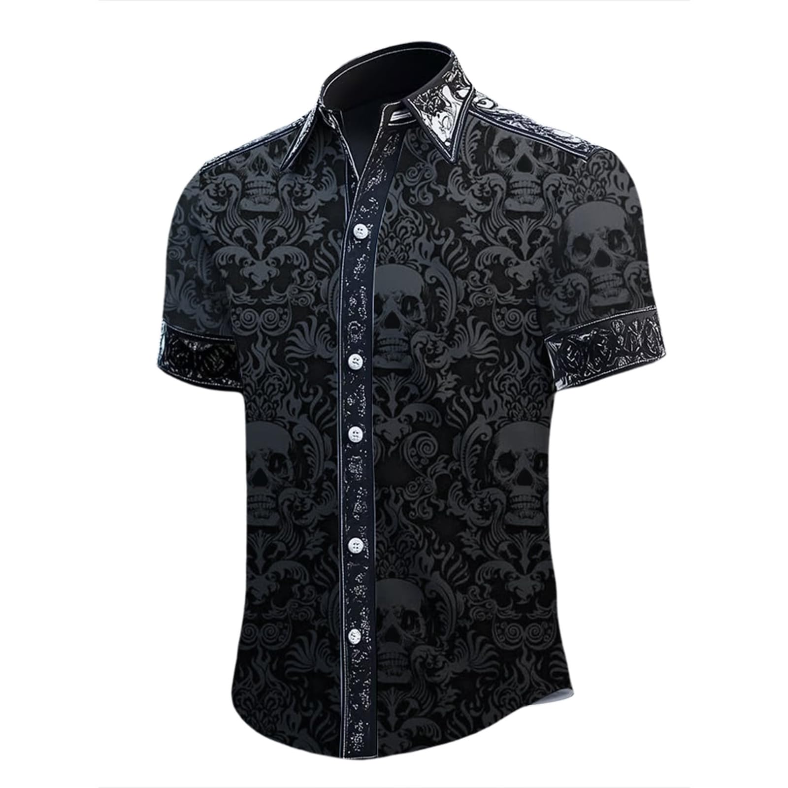 Zanisouta Halloween Costume Men's Short Sleeve Summer Shirt Gothic Casual Shirt Horror Skull Printed Blouse Lapel Button Shirt Blood Splatter Tops Funny Outfit Carnival Party Shirt, T Dark Grey, 4XL