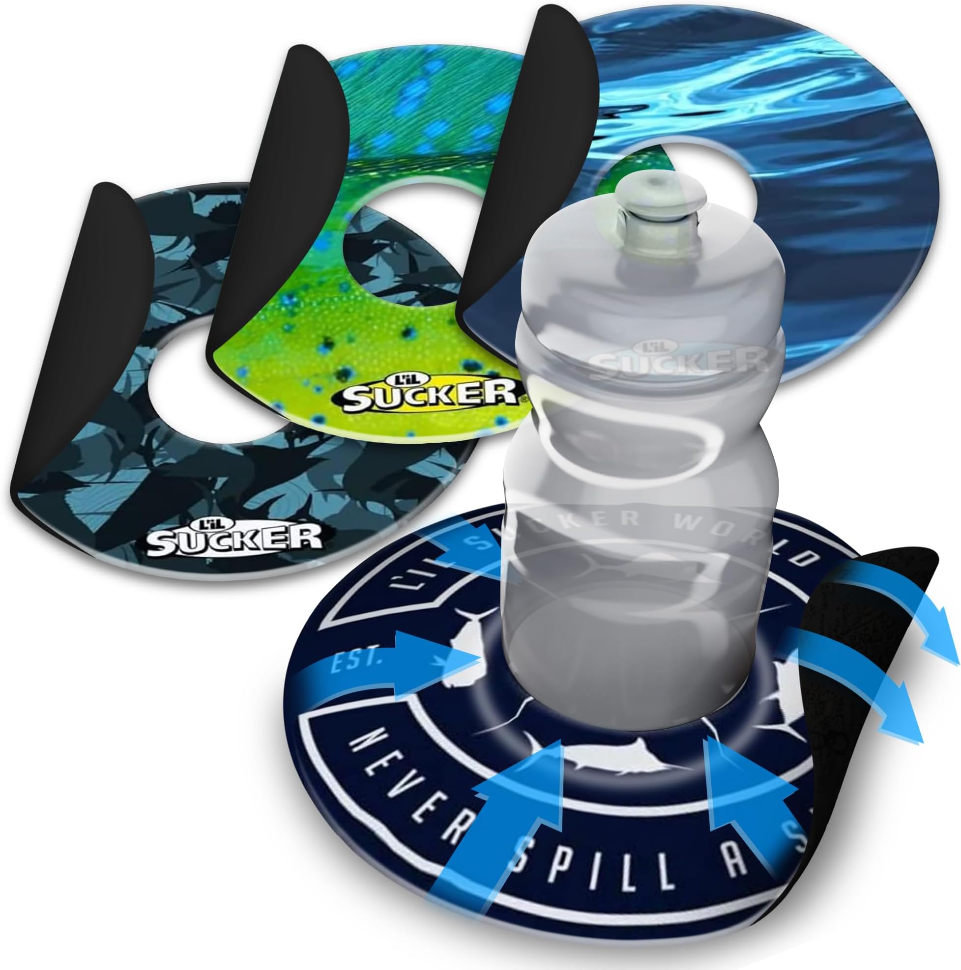 Lil Sucker Suction Cup Holder – Universal Drink Holder for Paddle Board, Kayak, ATV & Boat – Clip-On Coffee, Anti-Spill - Fish Series Pack of 4