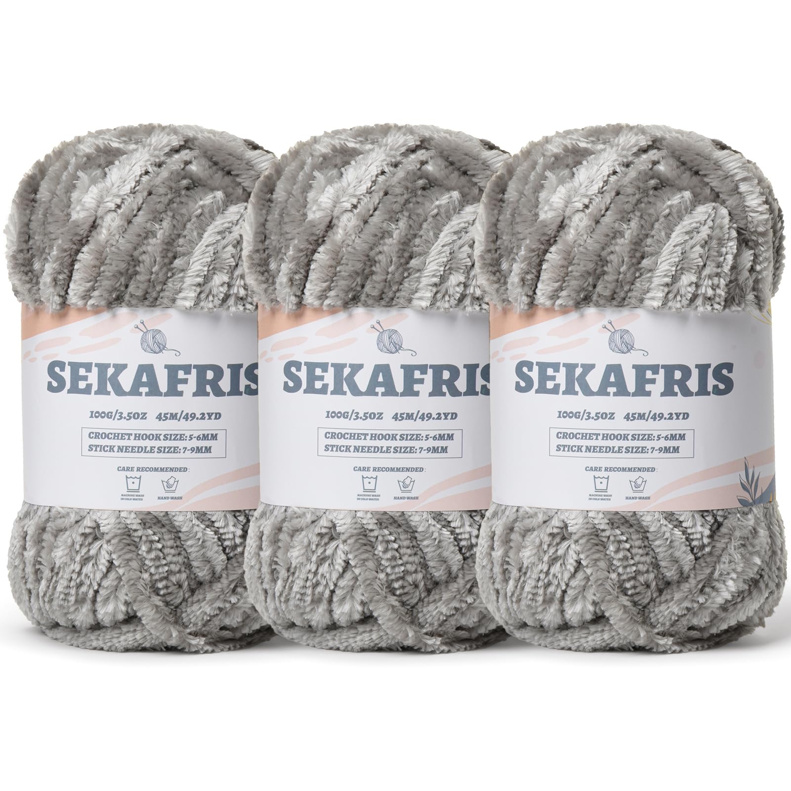 Chenille Velvet Soft Yarn Silver Gray 3 Pack