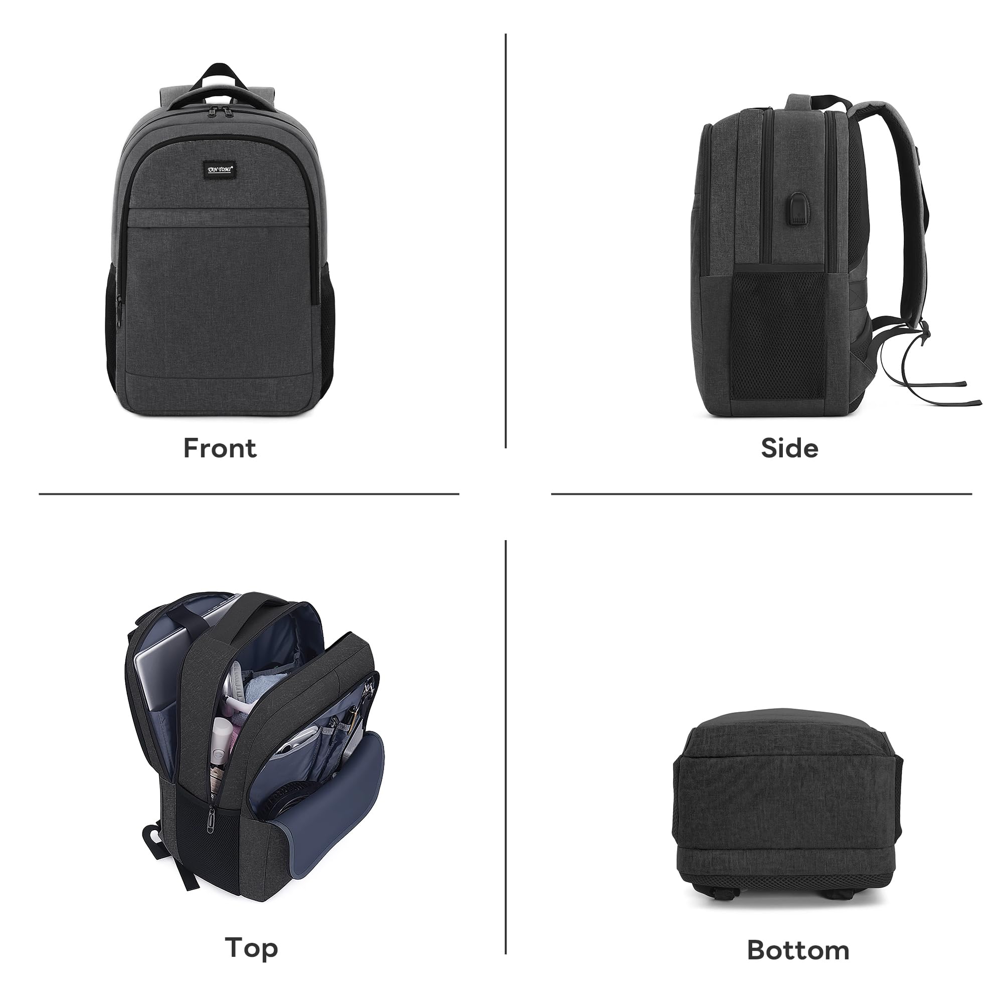 TANTOMI Grand sac à dos pour homme de 17,7 pouces avec port de charge USB, durable, antivol, résistant à l'eau, pour voyage, bureau, université, Noir , M, Classique