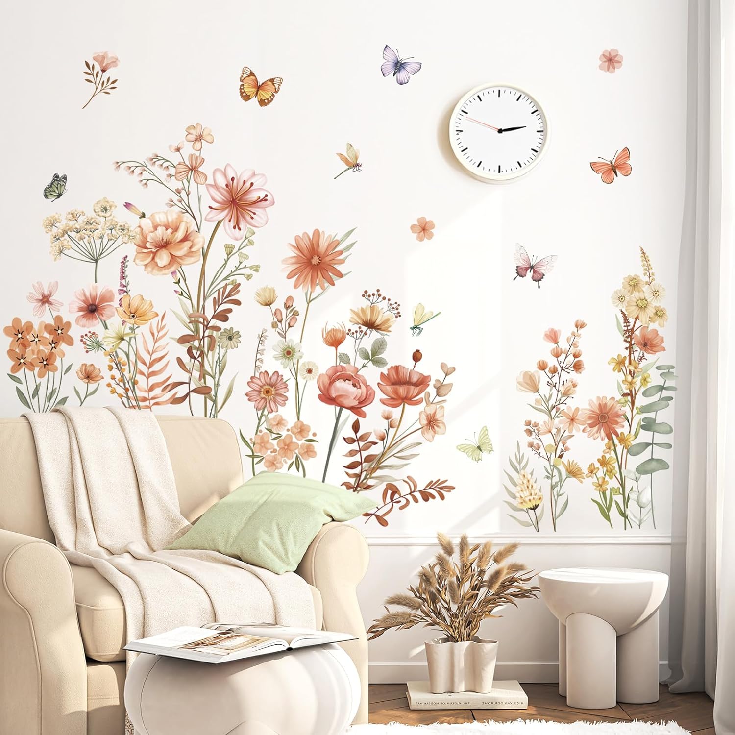 wondever Boho Wildflower Wall Stickers Garden Flowers Grass Peel and Stick Wall Art Decals for Living Room Girls Room Bedroom