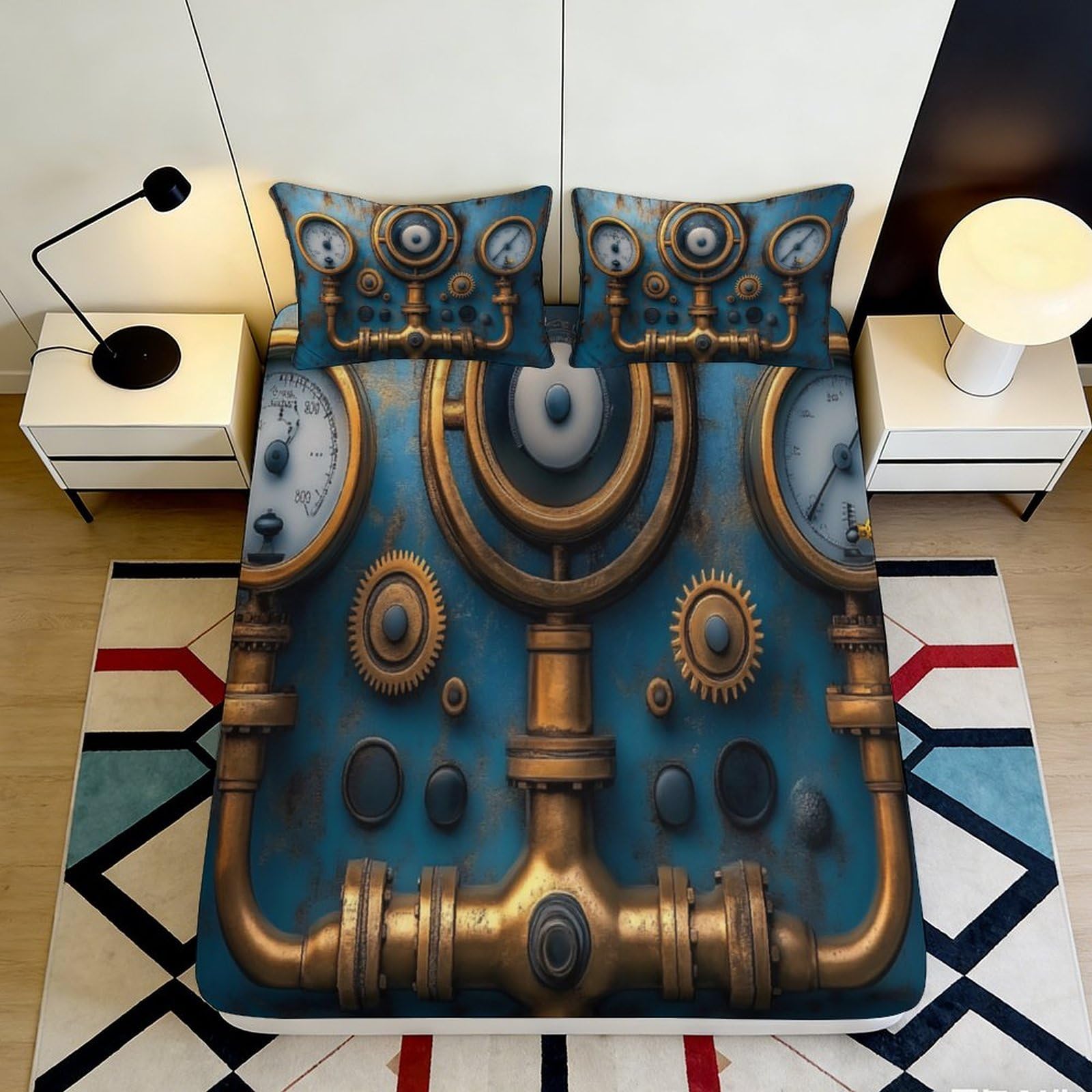 Pnayamiorkfel Style-4 3D Printed Steampunk Gear Fitted Sheet Microfiber Gold Blue Industrial Clockwork Mattress Cover Bedroom Decor 90X200x25cm