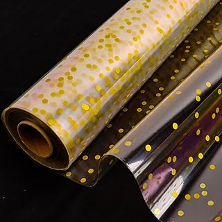 CMFYHM Clear Cellophane Wrap Roll(34" x 120’Ft) 3Mil Gold Polka Dot Cellophane, Cellophane Gift Wrap Roll, Cellophane Wrap for Gifts, Baskets, Flowers, Party Decorations