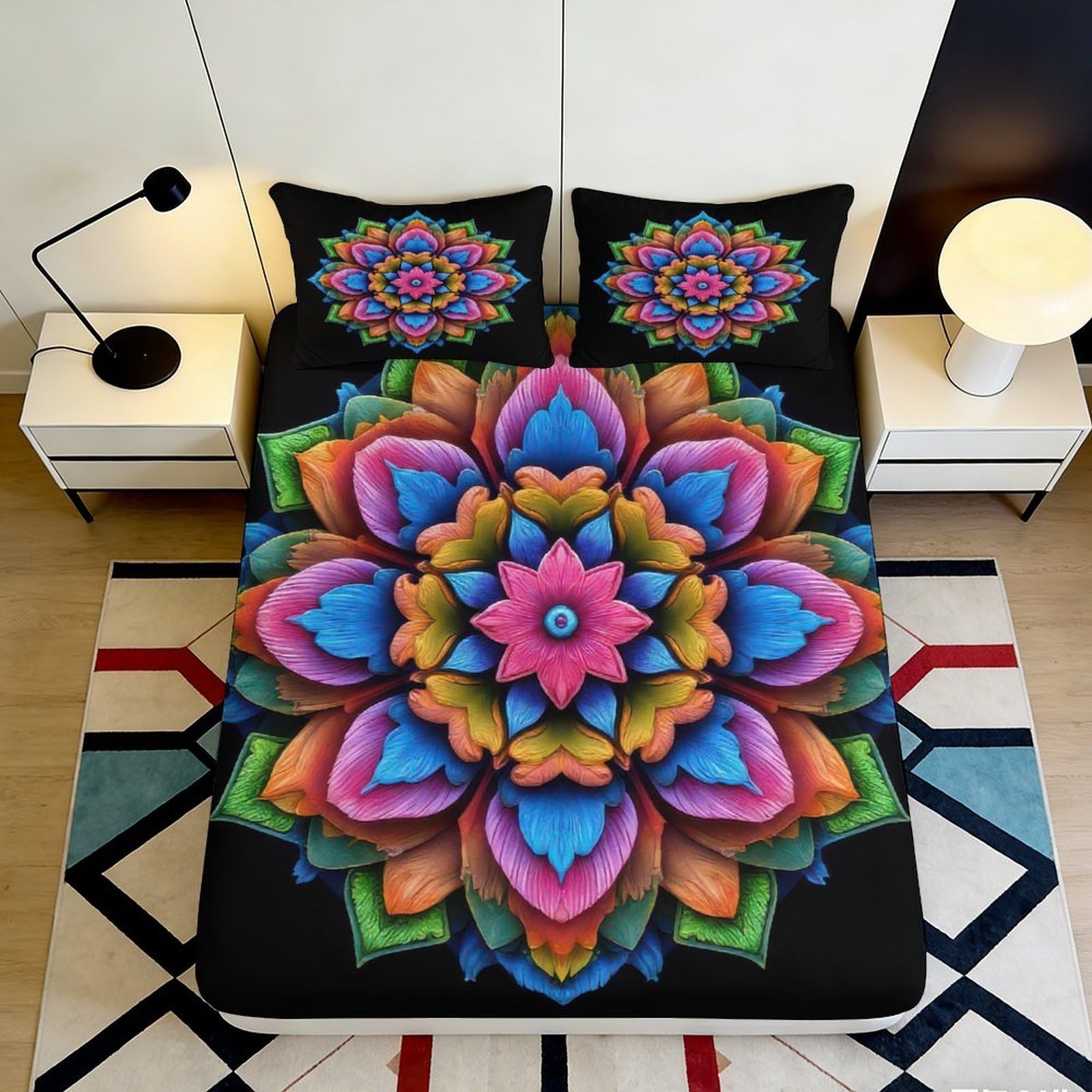 Jqzkxnhpbr Style-10 3D Printed Colorful Mandala Fitted Sheet Microfiber Soft Bedroom Decor Floral Mattress Cover For Home Dorm 90X200x25cm