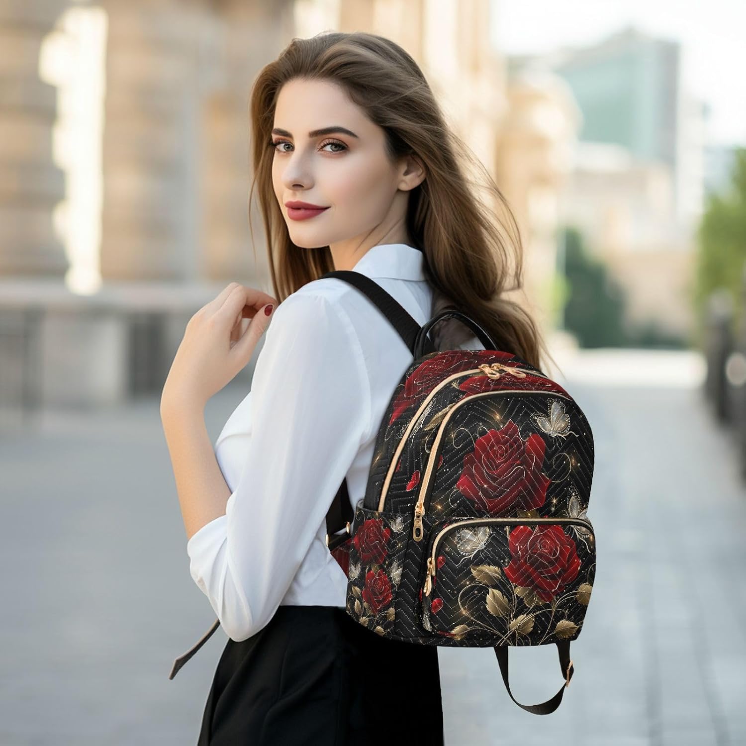 ALAZA Rose Butterfly Small Backpack Purse for Women Travel Bag Lightweight Shoulder Bag Fashion Dayback