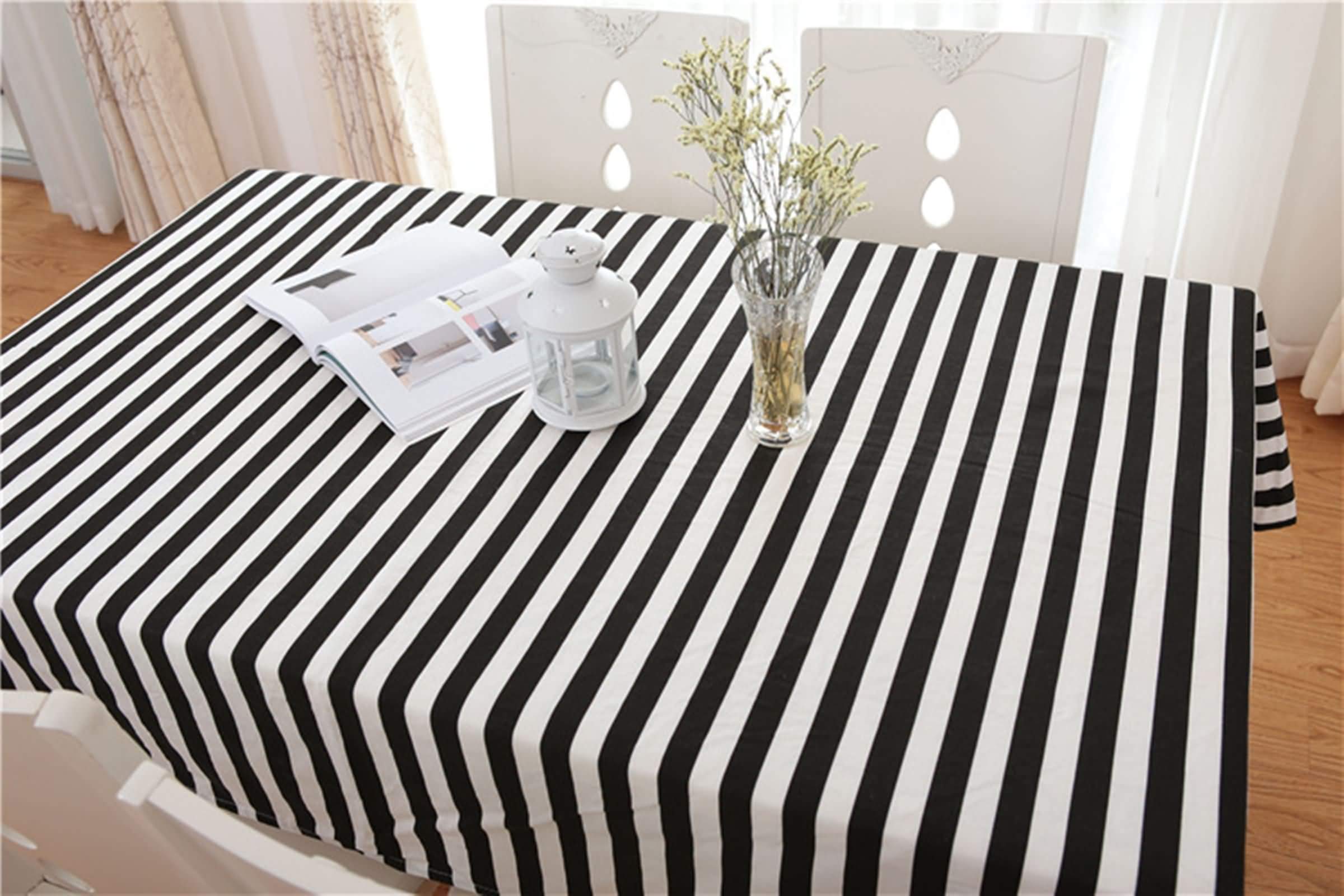 Mantel Mesa Rectangular Negro Blanco, Rayas, de Algodón Lavable, 100 x 160 cm, Mantel para Comedor