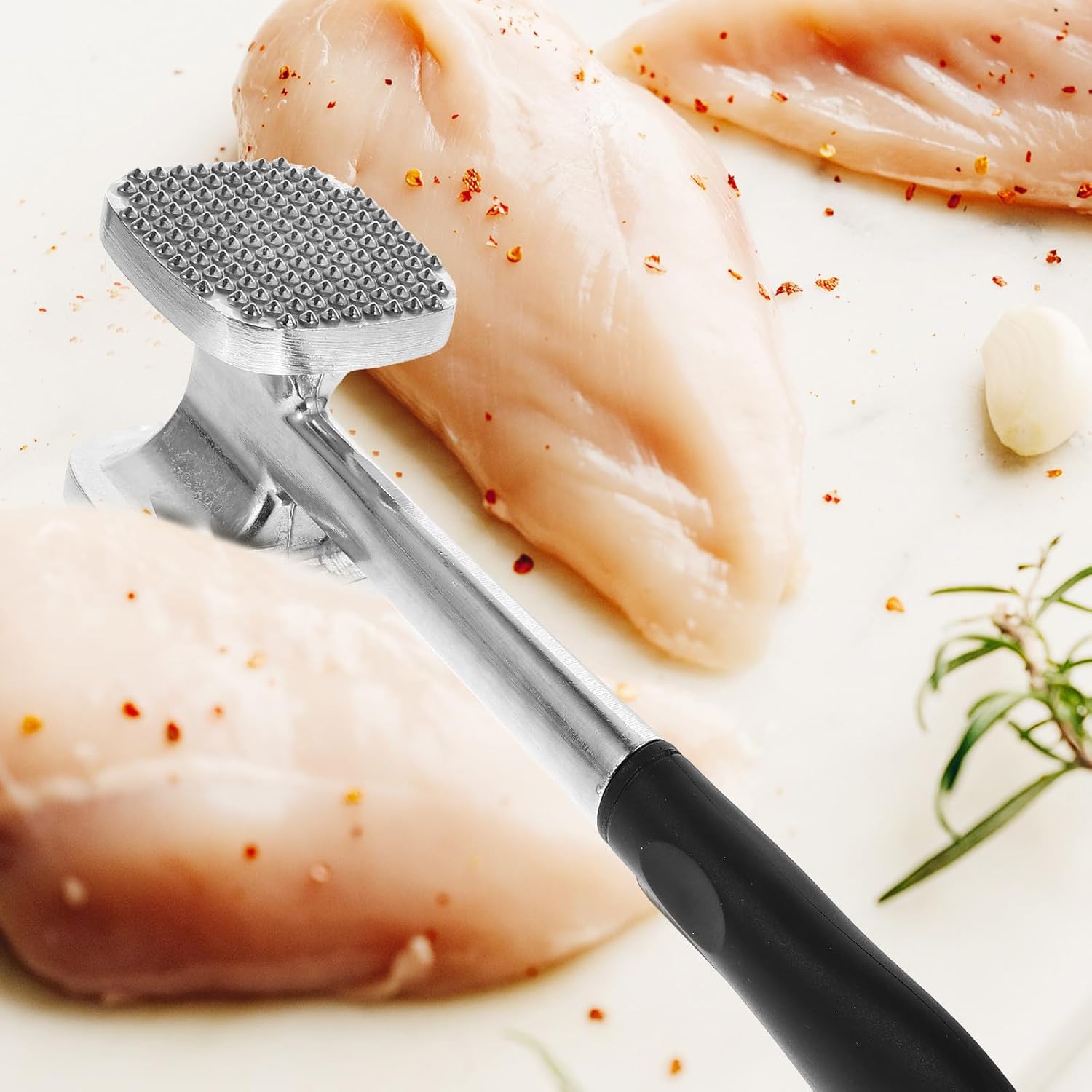 SEWACC Double-sided Aluminum Meat Pounder Mallet Silver Kitchen Tenderizer Tool for Beef Cooking