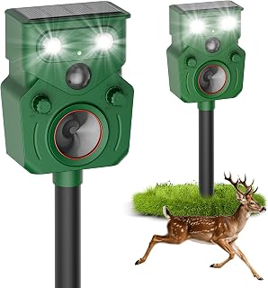 Ultrasonic Deer Repellent Devices 2 Packs, Solar Animal Repeller with Motion Sensor & LED Lights, Waterproof Cat Deterrent Outdoor, Effective Repel Deer, Coyote, Raccoon, and Dog for Garden