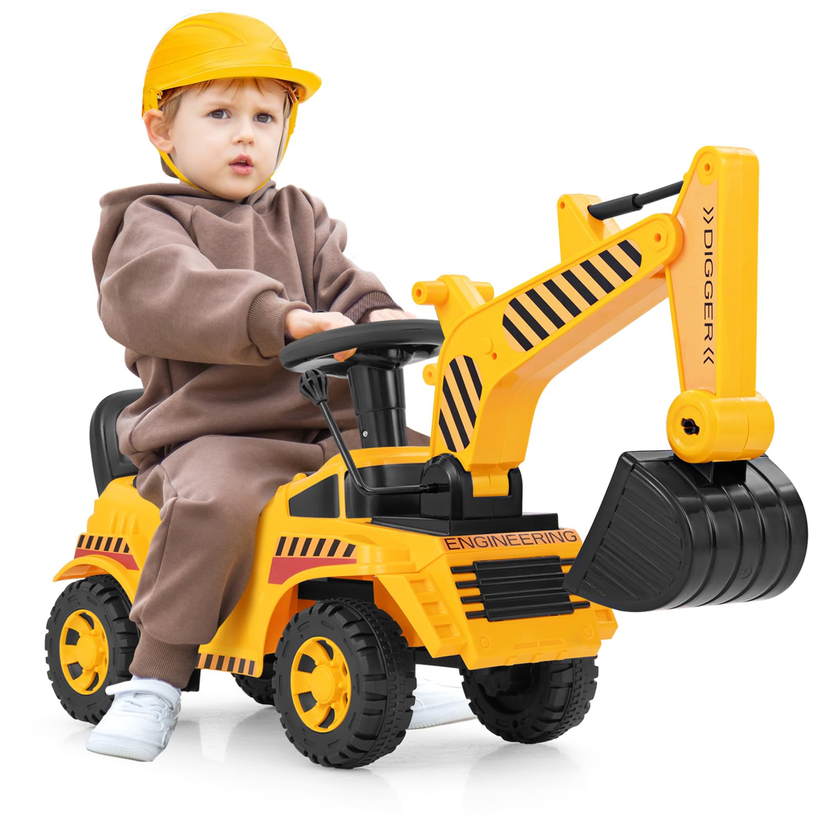 Costzon Ride On Excavator, Kids Construction Digger Truck, Ride on Push Car for Toddlers w/Working Shovel, Engine Sound, Under-seat Storage,