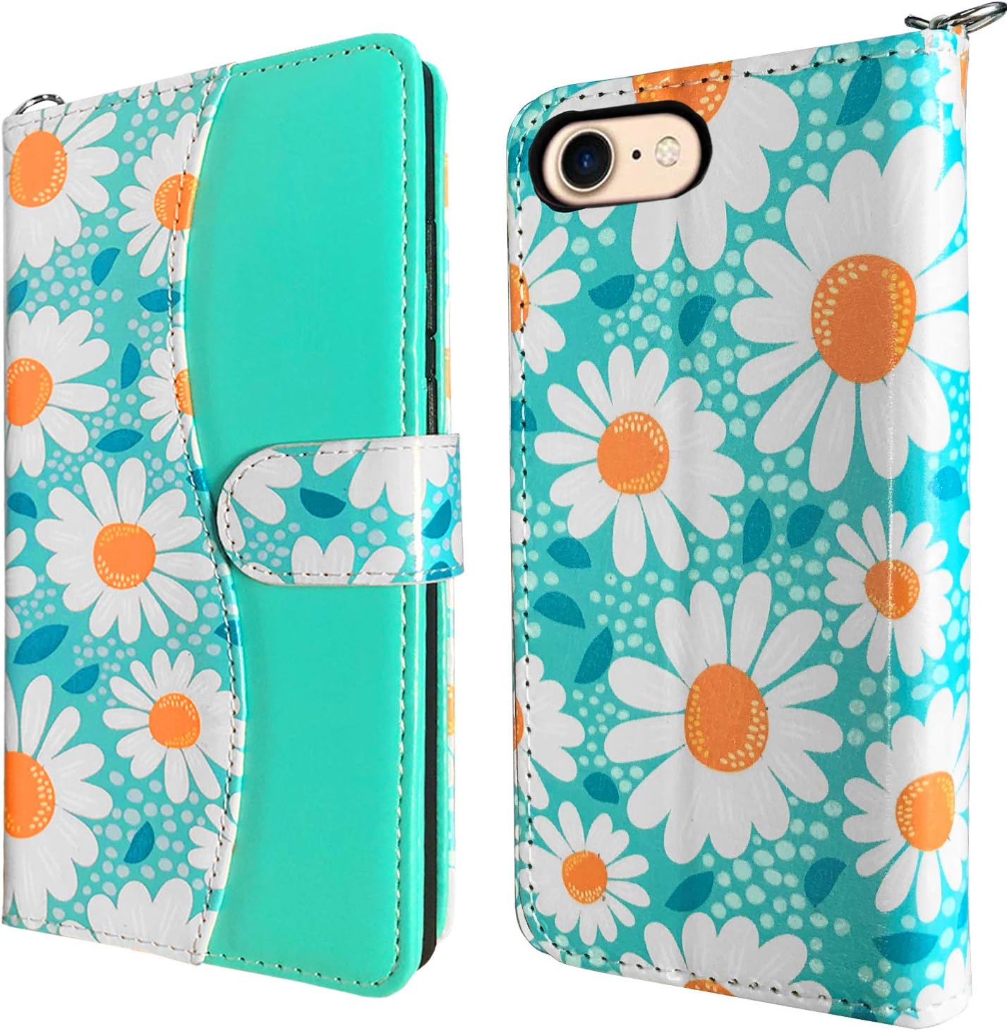 J.west iPhone SE 2022/2020 Case, iPhone 8/7 Case 4.7 inch, iPhone SE 3rd Wallet case Magnetic Floral Faux Leather Flip Case Cover Heavy Duty with 4 Cash Card Holder Kickstand and Wrist Strap (Mint)