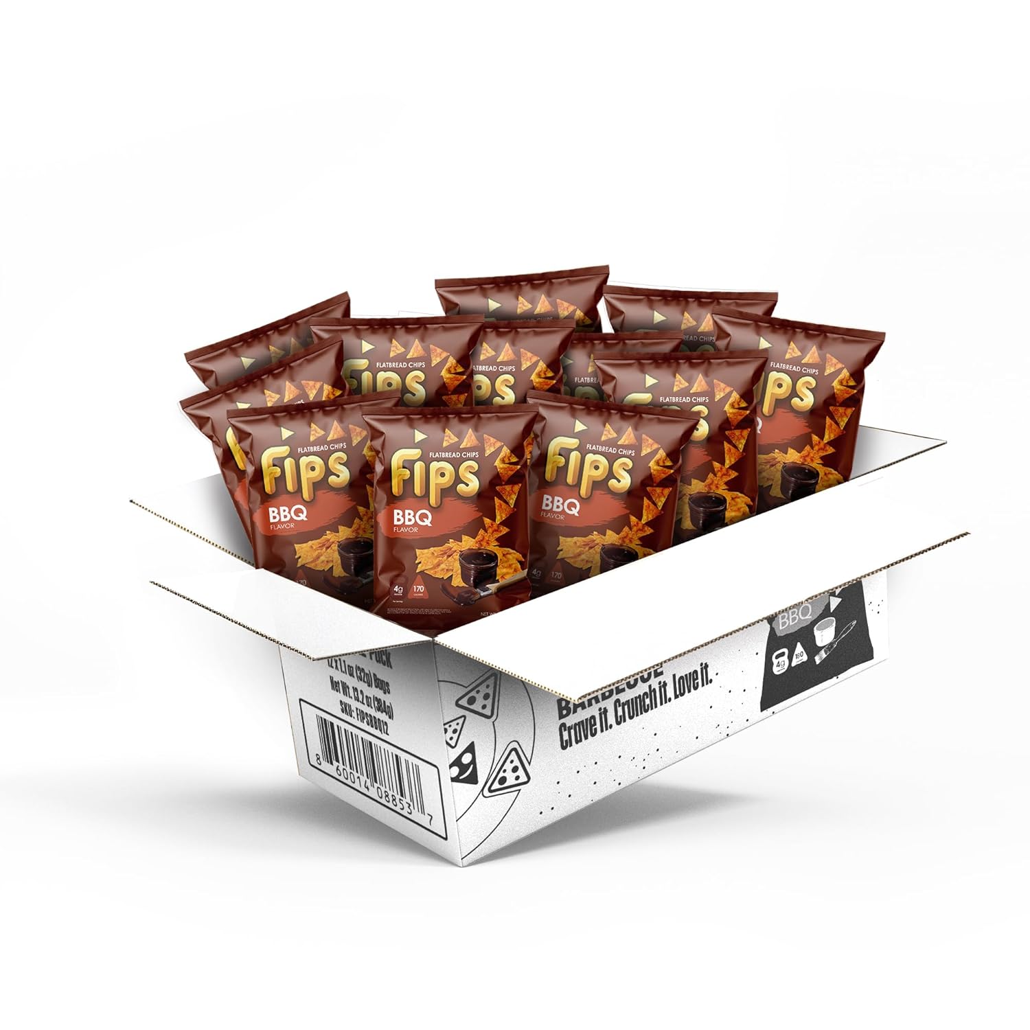 FIPS Flatbread Chips, BBQ Flavor, 13.2 oz Total, 12 Pack, 1.1 oz Snack Size Bags