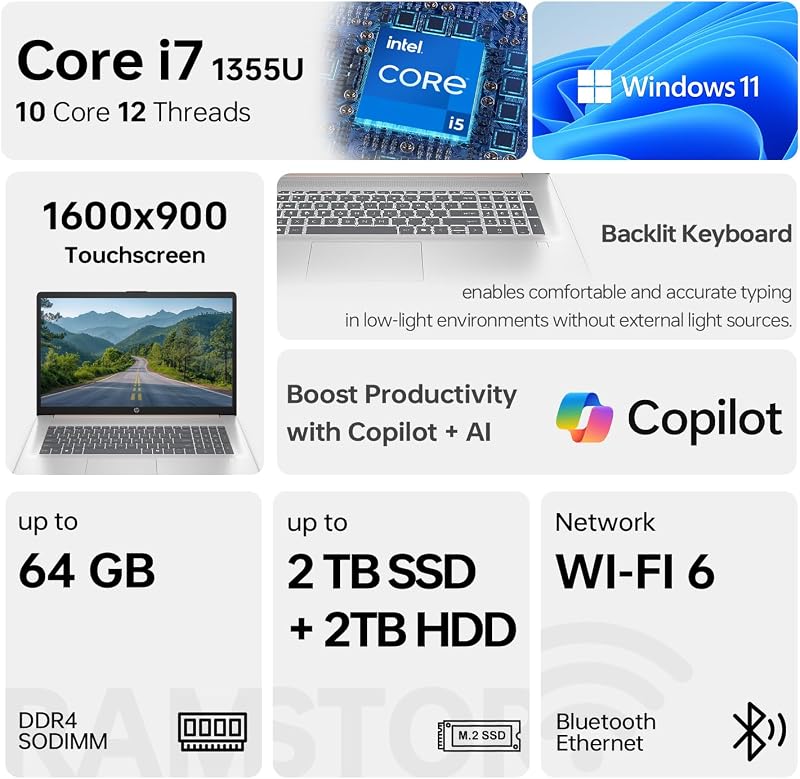 HP 17.3" Touchscreen Laptop, Intel Core i7-1355U, Pale Rose Gold, 32GB RAM, 1TB SSD, Webcam, HDMI, Backlit Keyboard, Fingerprint Reader, Wi-Fi 6, Windows 11 Home image 2