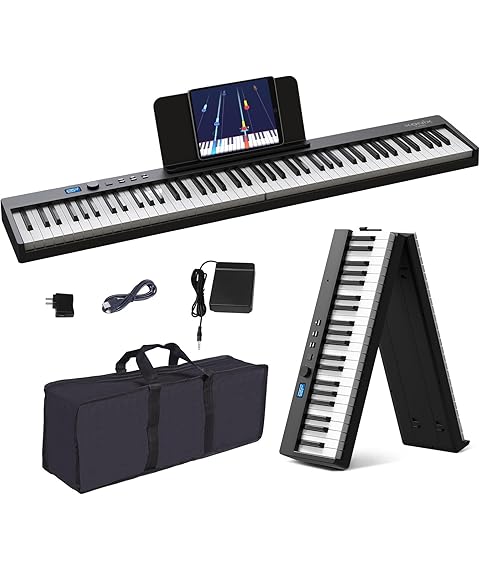KONIX Folding Piano Keyboard 88 Key, Full Size Semi-Weighted Foldable Piano Keyboard, Bluetooth Portable Electronic Keyboard Piano with Sheet Music Stand, Sustain Pedal and Piano Bag, Black