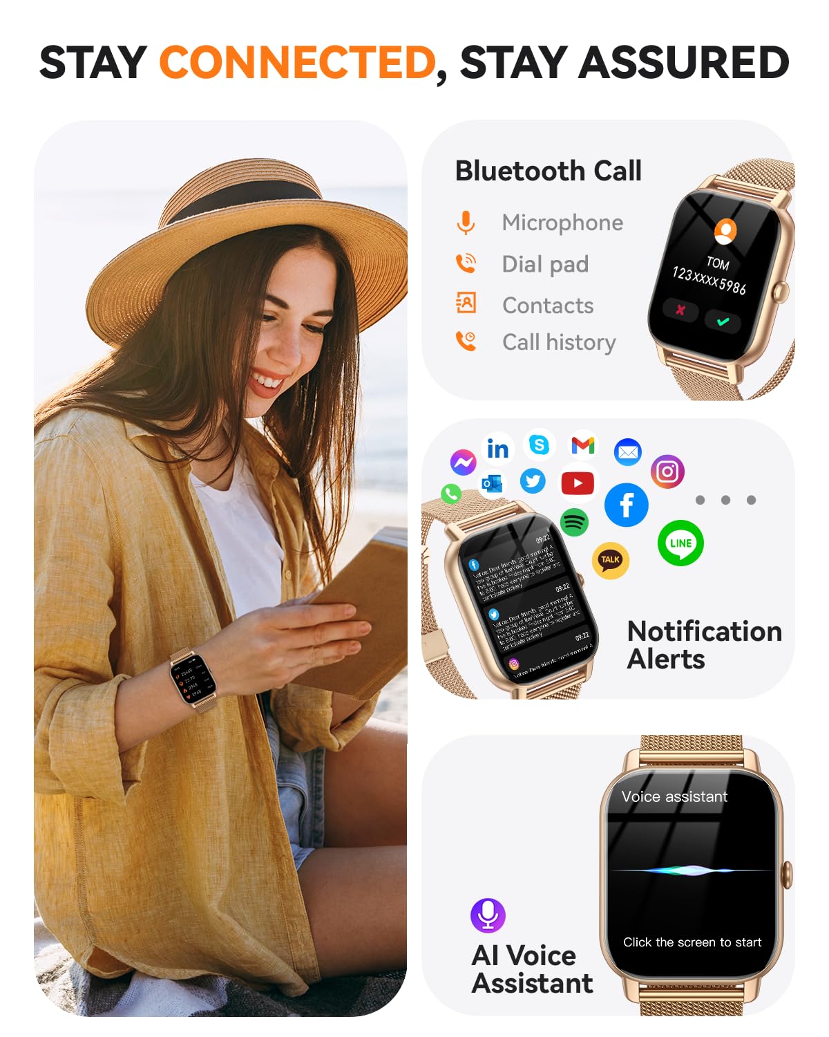 Relojes inteligentes para hombres y mujeres, rastreador de fitness con contador de actividad/monitor de sueño, IP68 resistente al agua para Android, iPhone iOS (funda de arena cálida con correa dorada